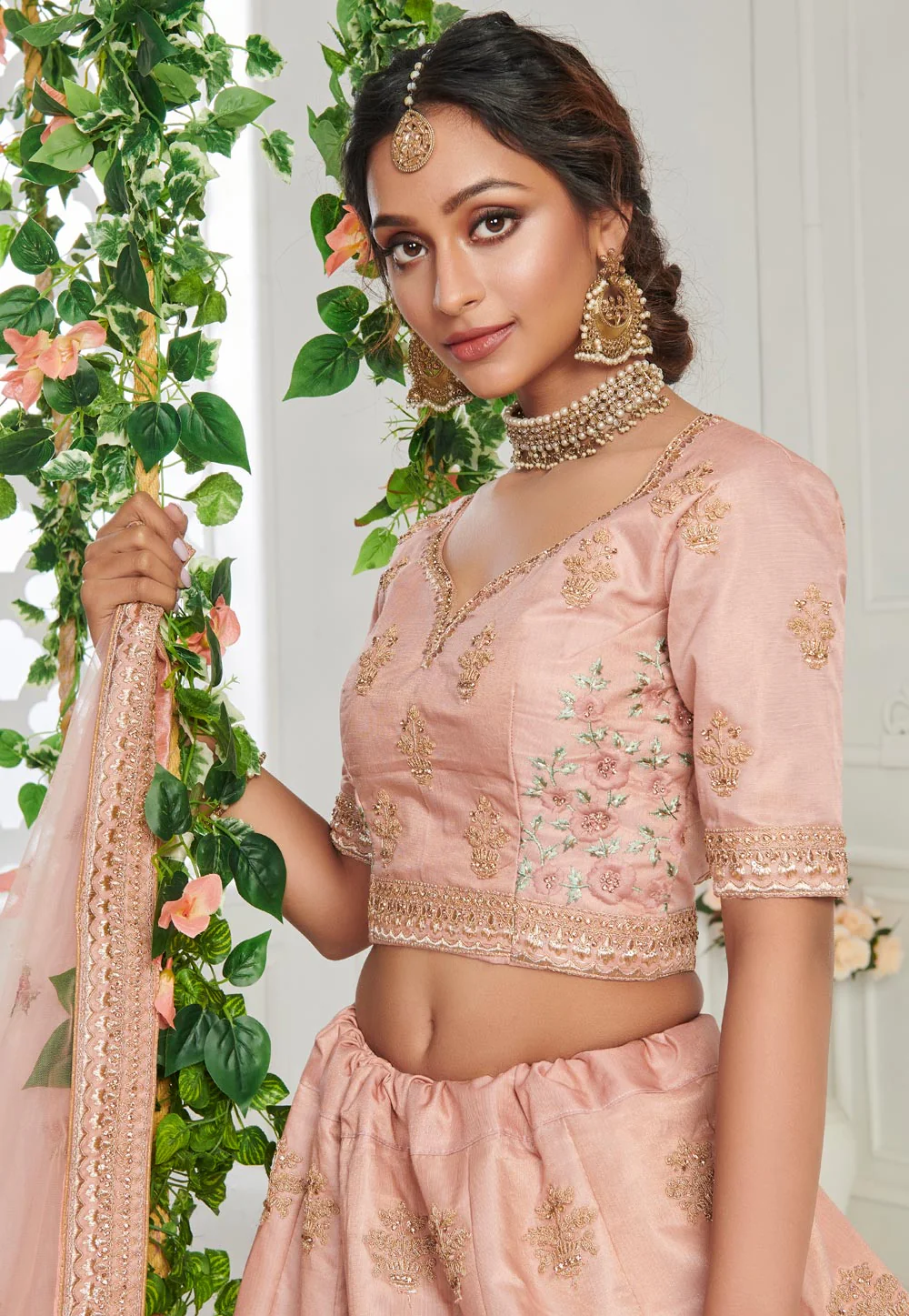 Peachy Pink Sequins Embroidered Silk Bridal Lehenga Choli - Image 2