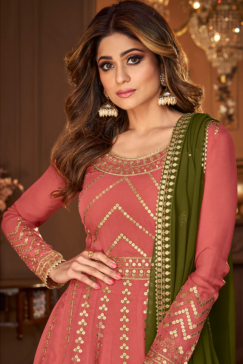 Peachy Pink Skirt Style Embroidered Georgette Lehenga Suit - Image 2