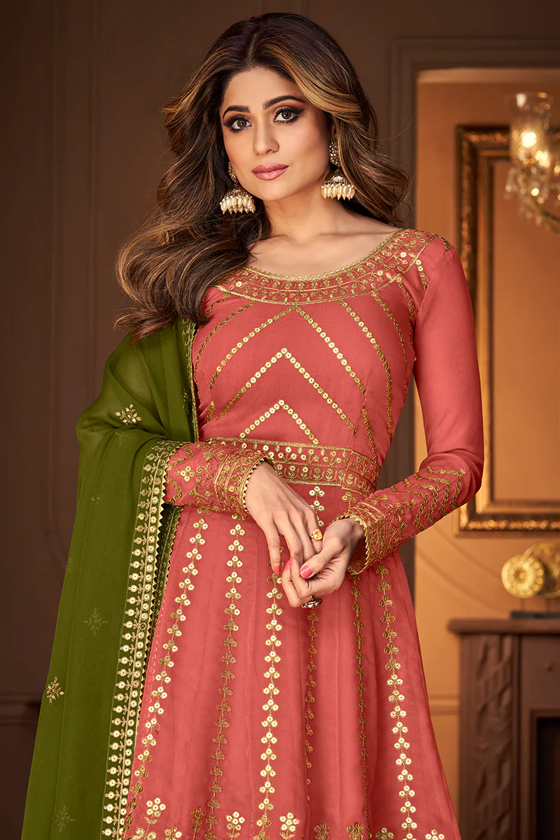 Peachy Pink Skirt Style Embroidered Georgette Lehenga Suit - Image 3