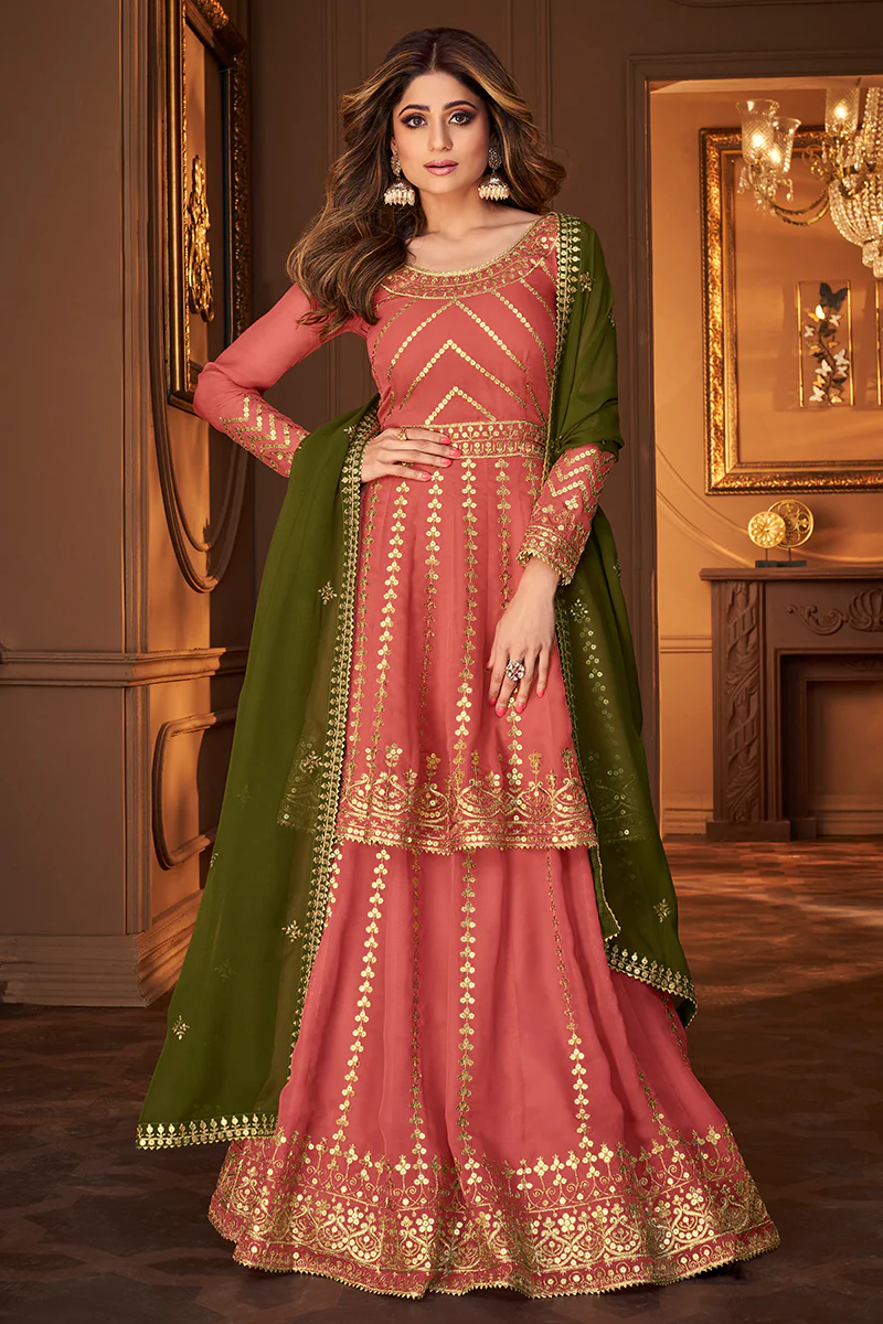 Peachy Pink Skirt Style Embroidered Georgette Lehenga Suit - Image 4