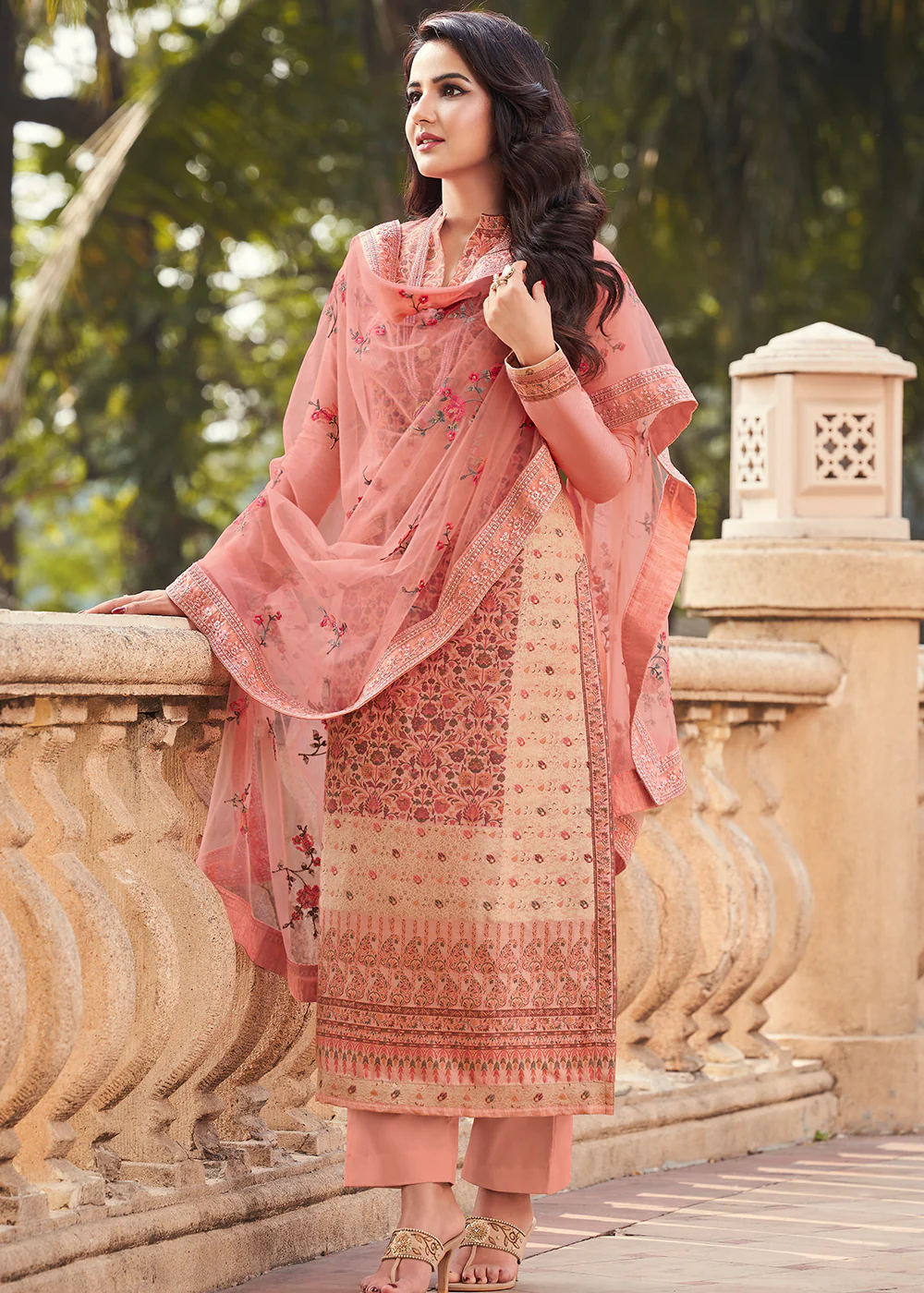 Peachy Pink Viscose Jacquard Pant Style Salwar Kurta Set - Image 3