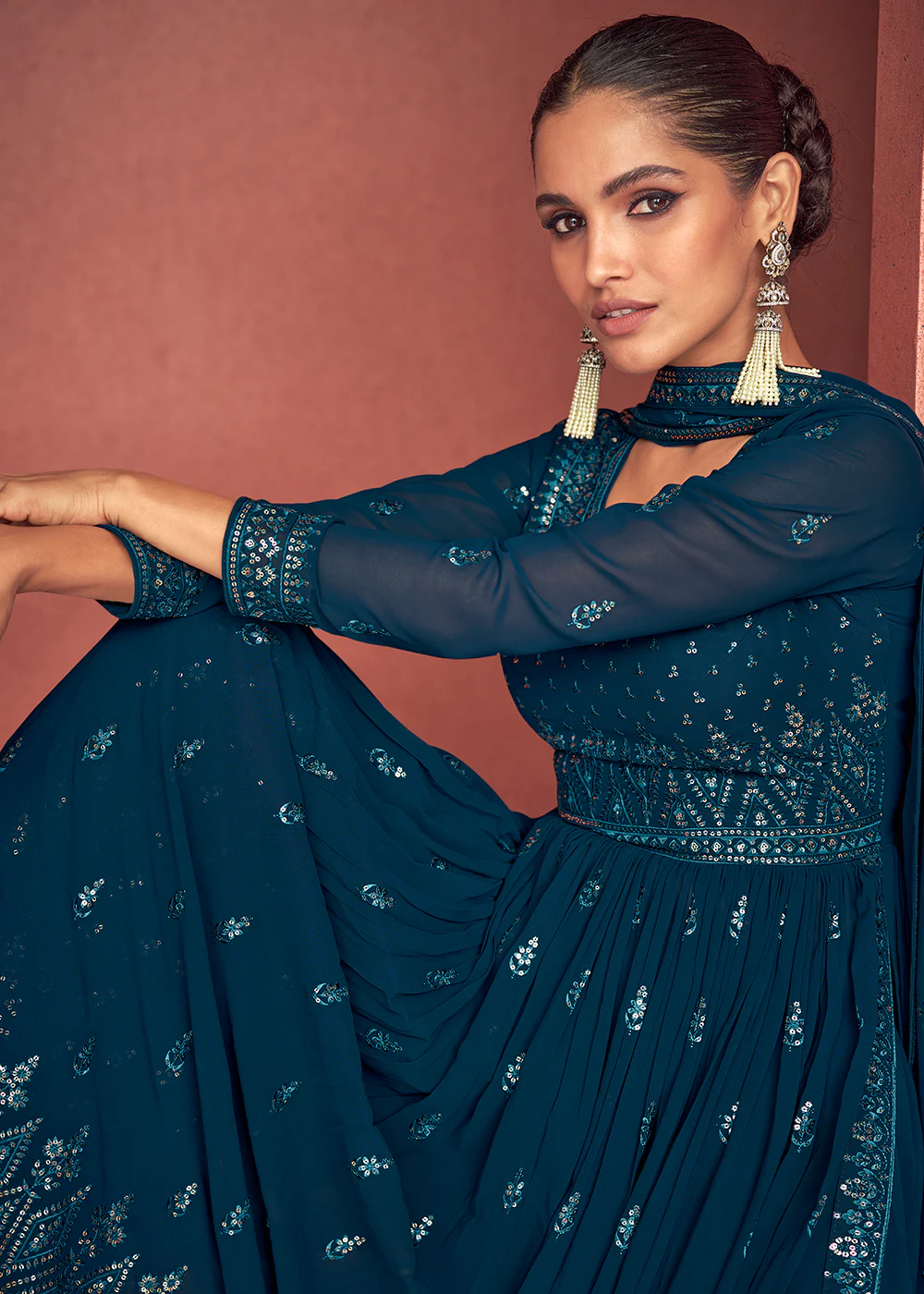 Peacock Blue Anarkali Style Georgette Embellished Palazzo Suit - Image 2