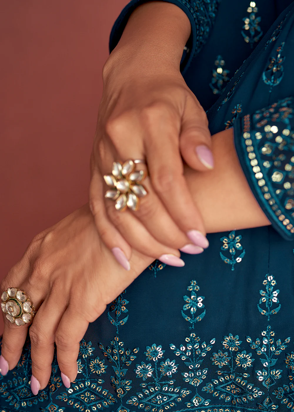 Peacock Blue Anarkali Style Georgette Embellished Palazzo Suit - Image 4