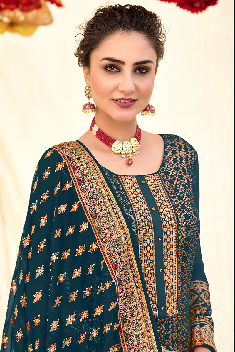 Peacock Blue Blooming Georgette Pakistani Style Salwar Suit - Image 2