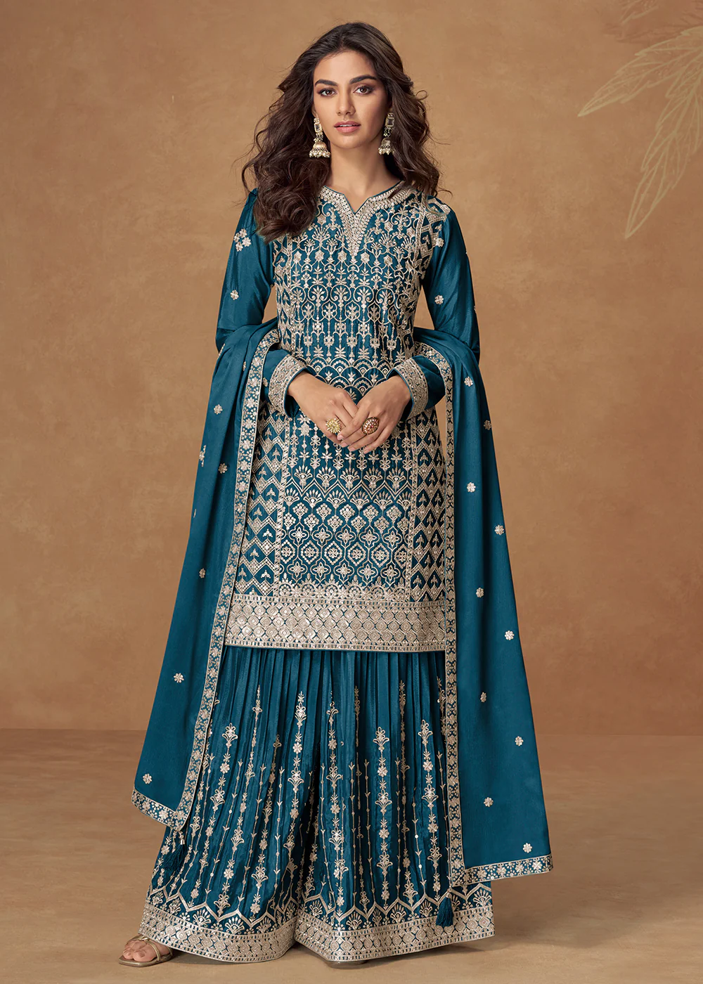 Peacock Blue Chinnon Silk Embroidered Palazzo Suit