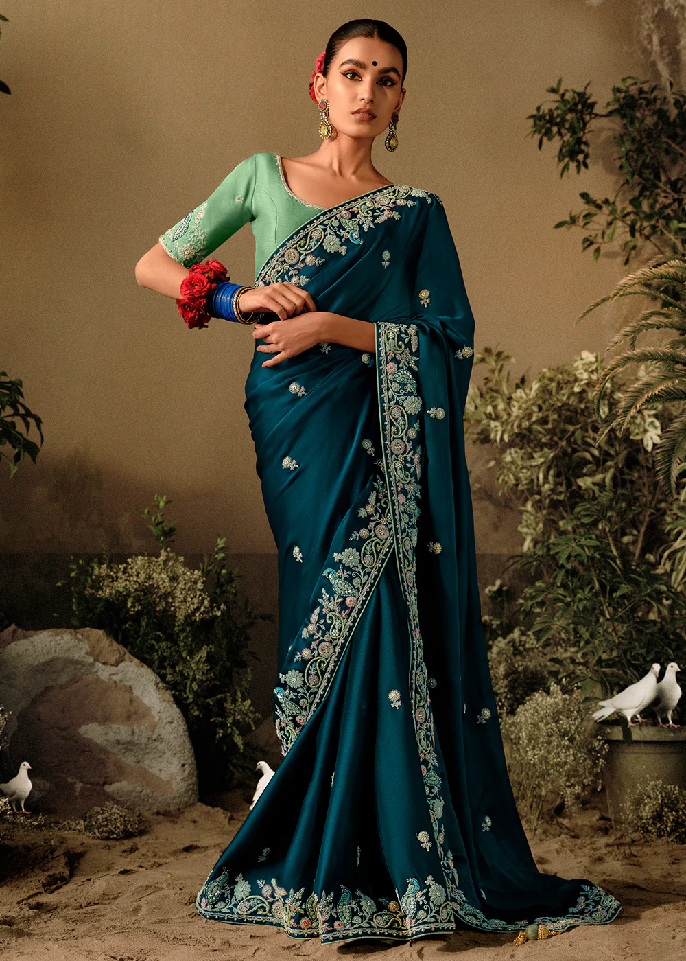 Peacock Blue Khatli Work Embroidered Designer Wedding Saree