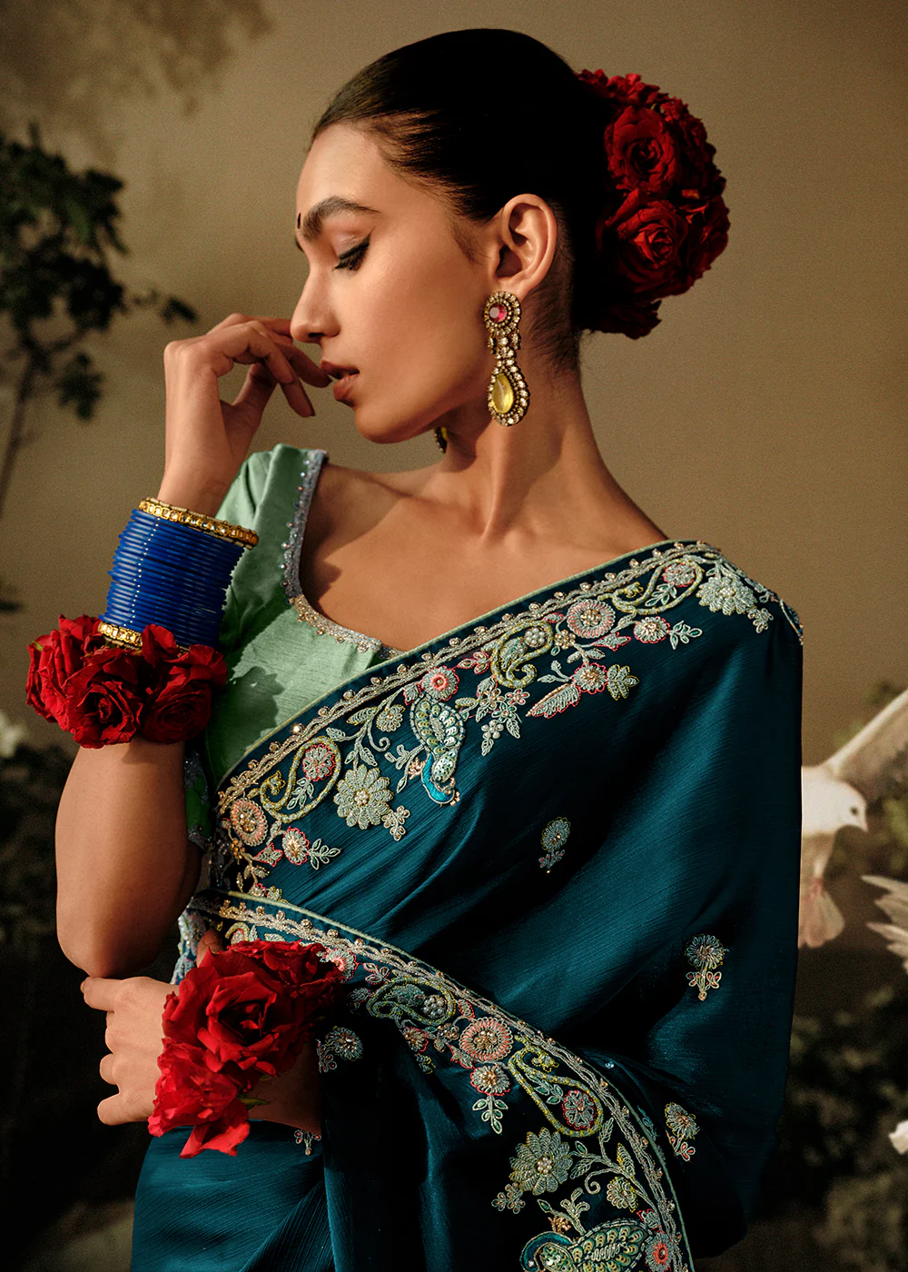 Peacock Blue Khatli Work Embroidered Designer Wedding Saree - Image 2