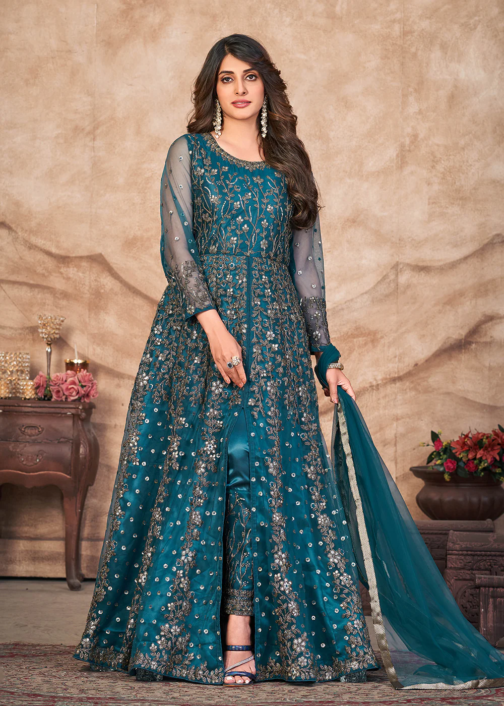 Peacock Blue Net Embroidered Pant Style Anarkali Suit
