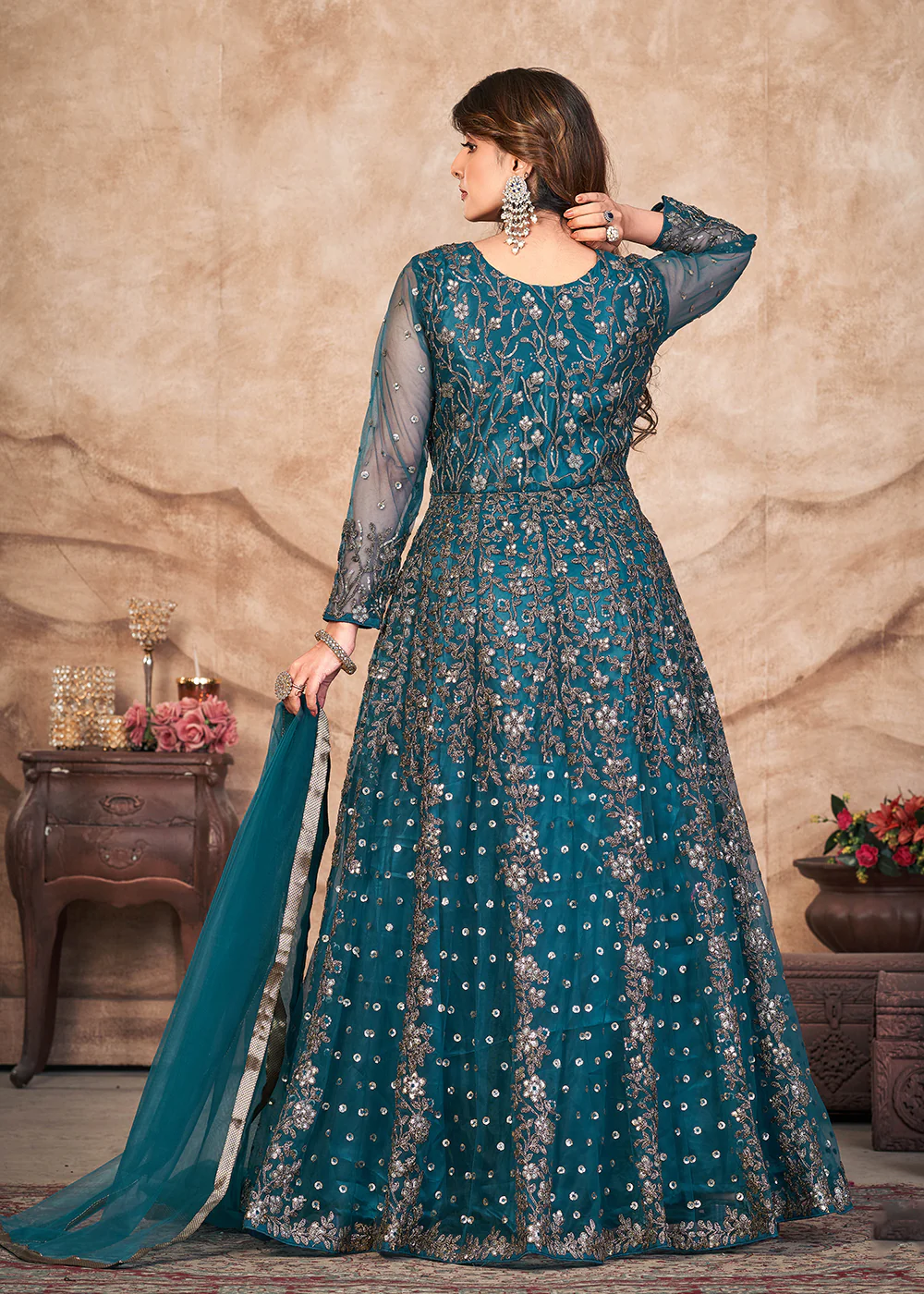 Peacock Blue Net Embroidered Pant Style Anarkali Suit - Image 2