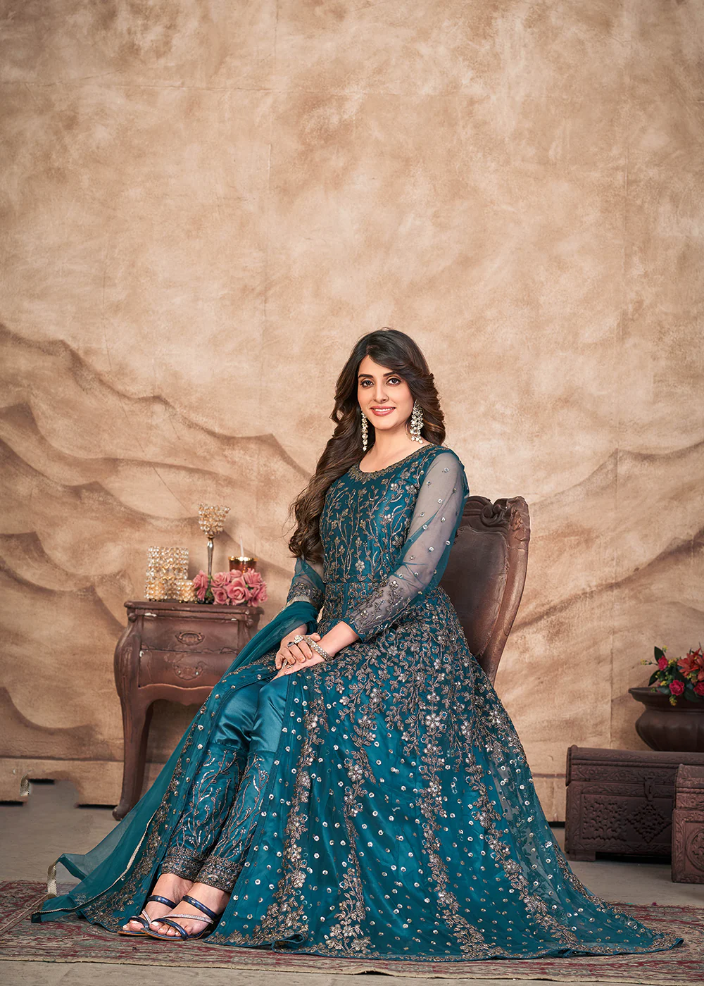 Peacock Blue Net Embroidered Pant Style Anarkali Suit - Image 3