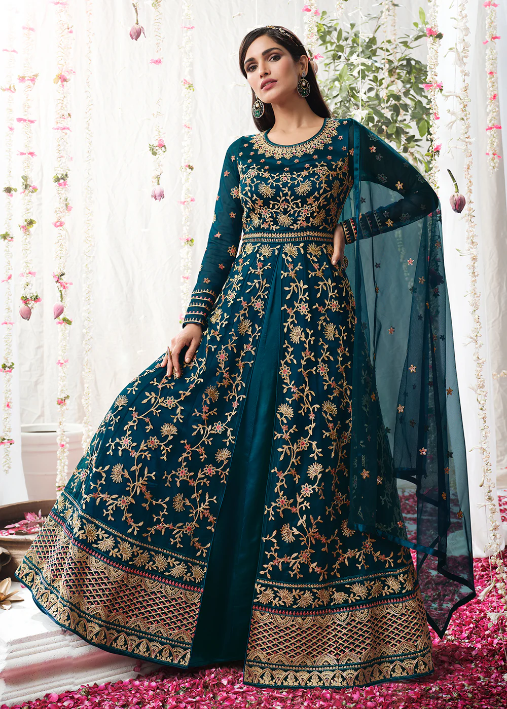 Peacock Blue Wedding Festive Floor Length Anarkali Suit - Image 3