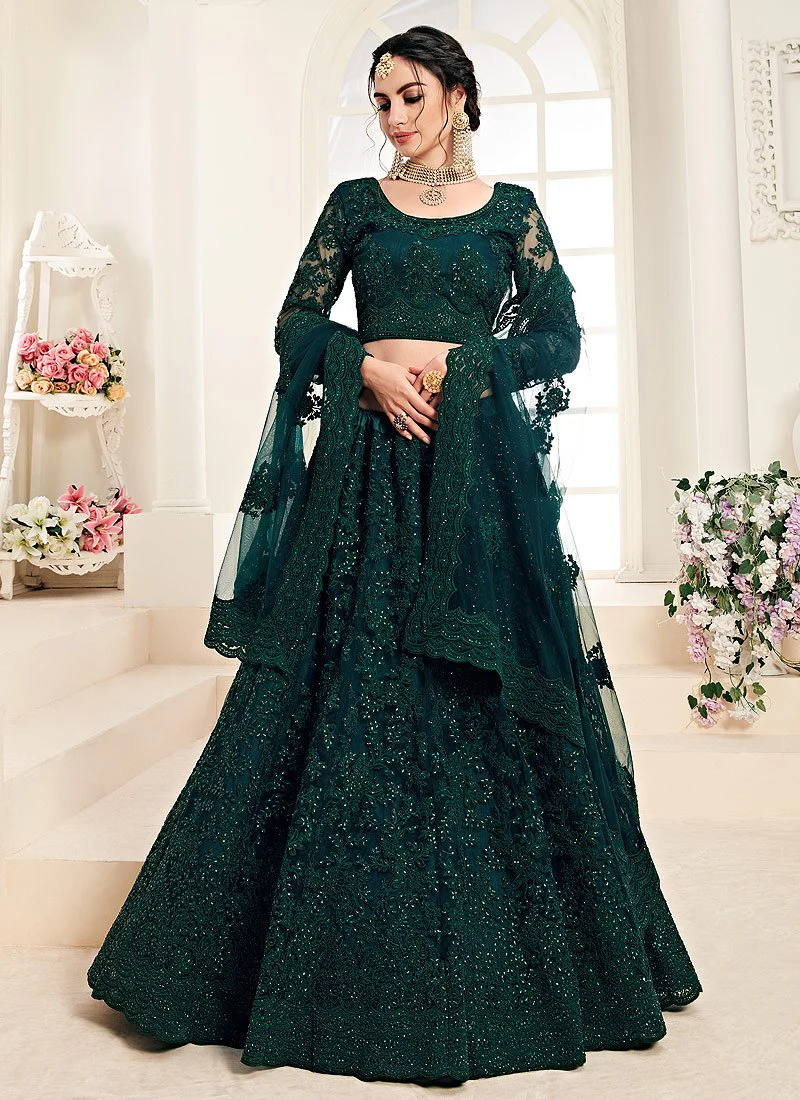 Peacock Green A Line Trendy Wedding Lehenga Choli - Image 3