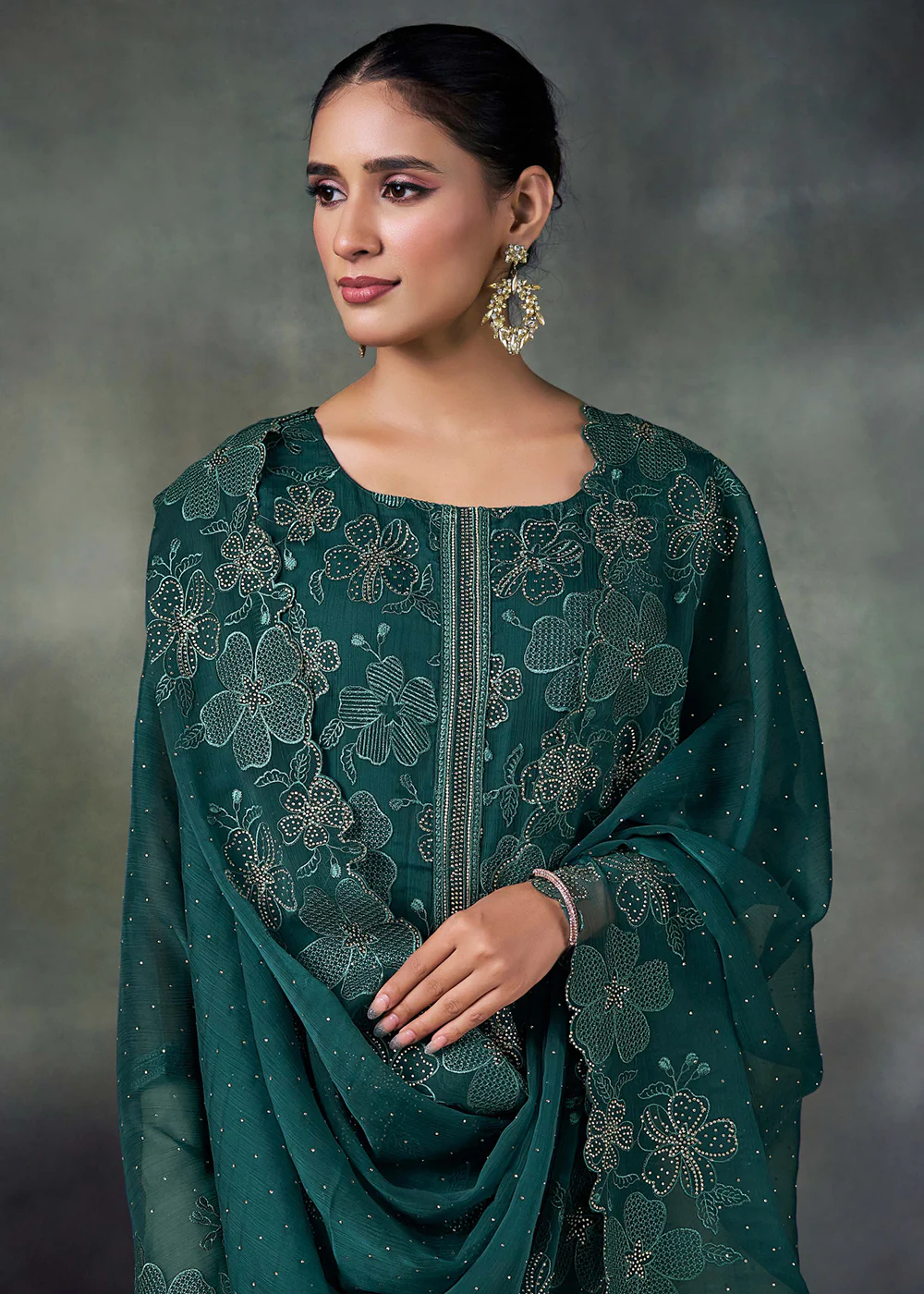 Peacock Green Chiffon Embroidered Pakistani Style Suit - Image 2
