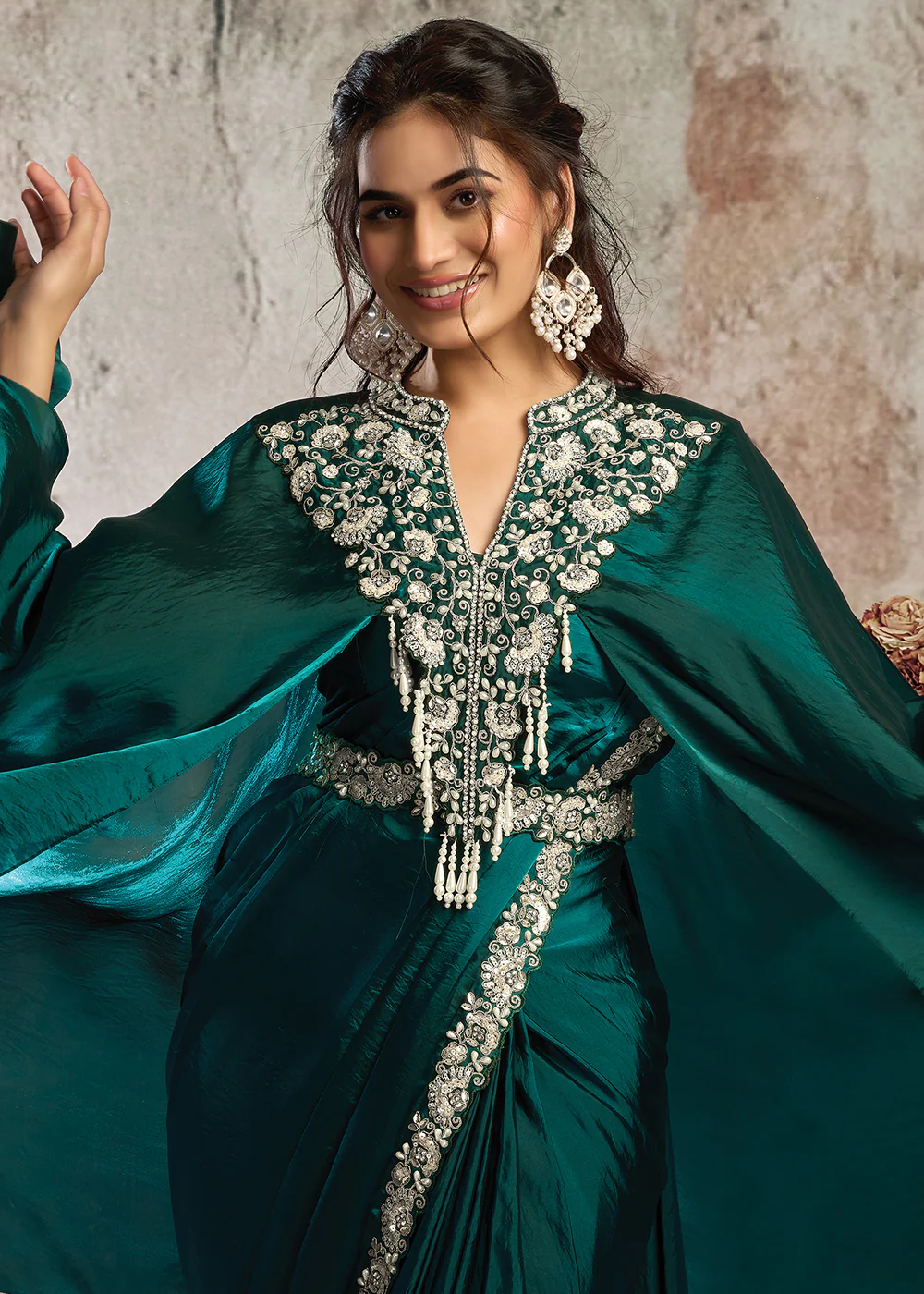 Peacock Green Designer Party Wear Pre Draped Saree - Image 2