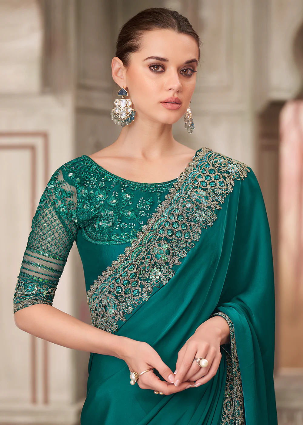 Peacock Green Satin Silk Embroidered Wedding Wear Saree - Image 2