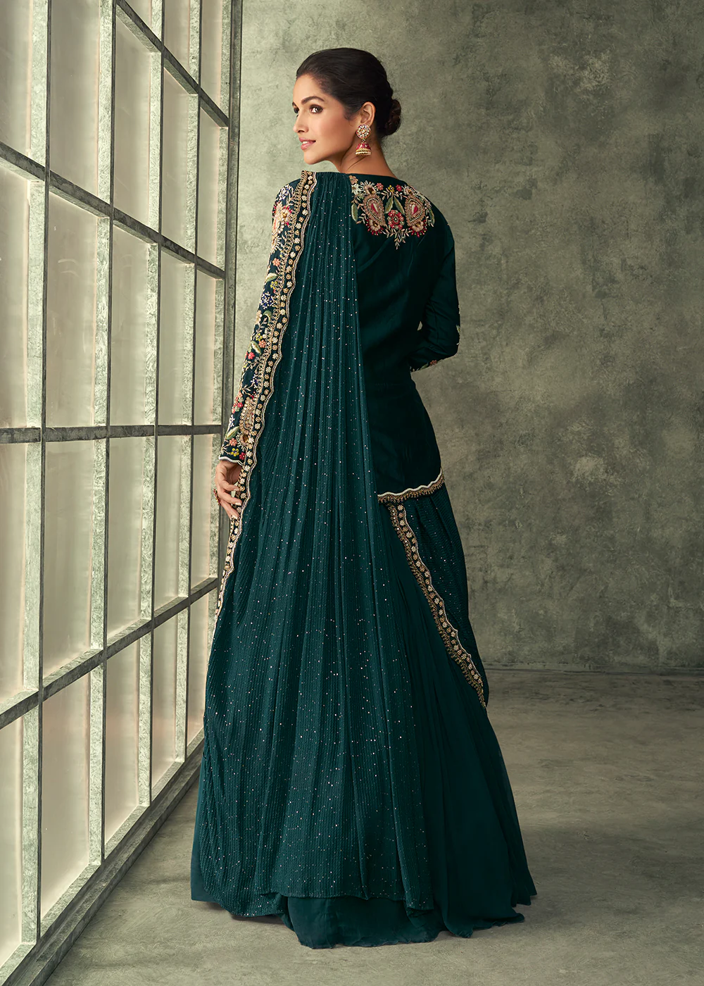 Peacock Green Silk Embroidered Designer Gown with Jacket - Image 3