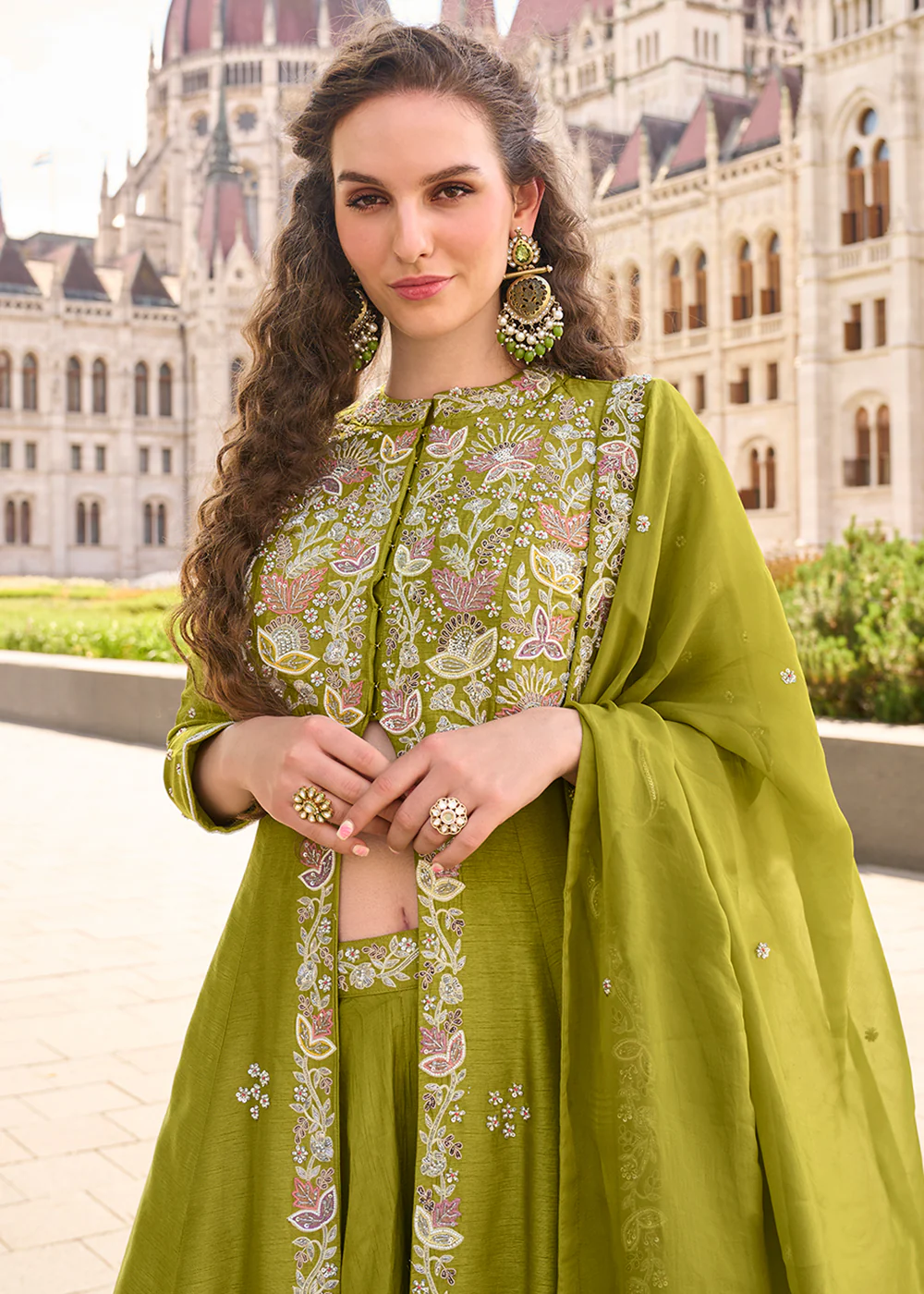 Pear Green Long Top Style Party Style Palazzo Suit - Image 2