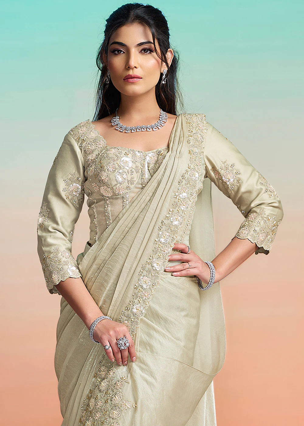 Pearl Grey Wedding Party Ready to Wear Saree - Image 2