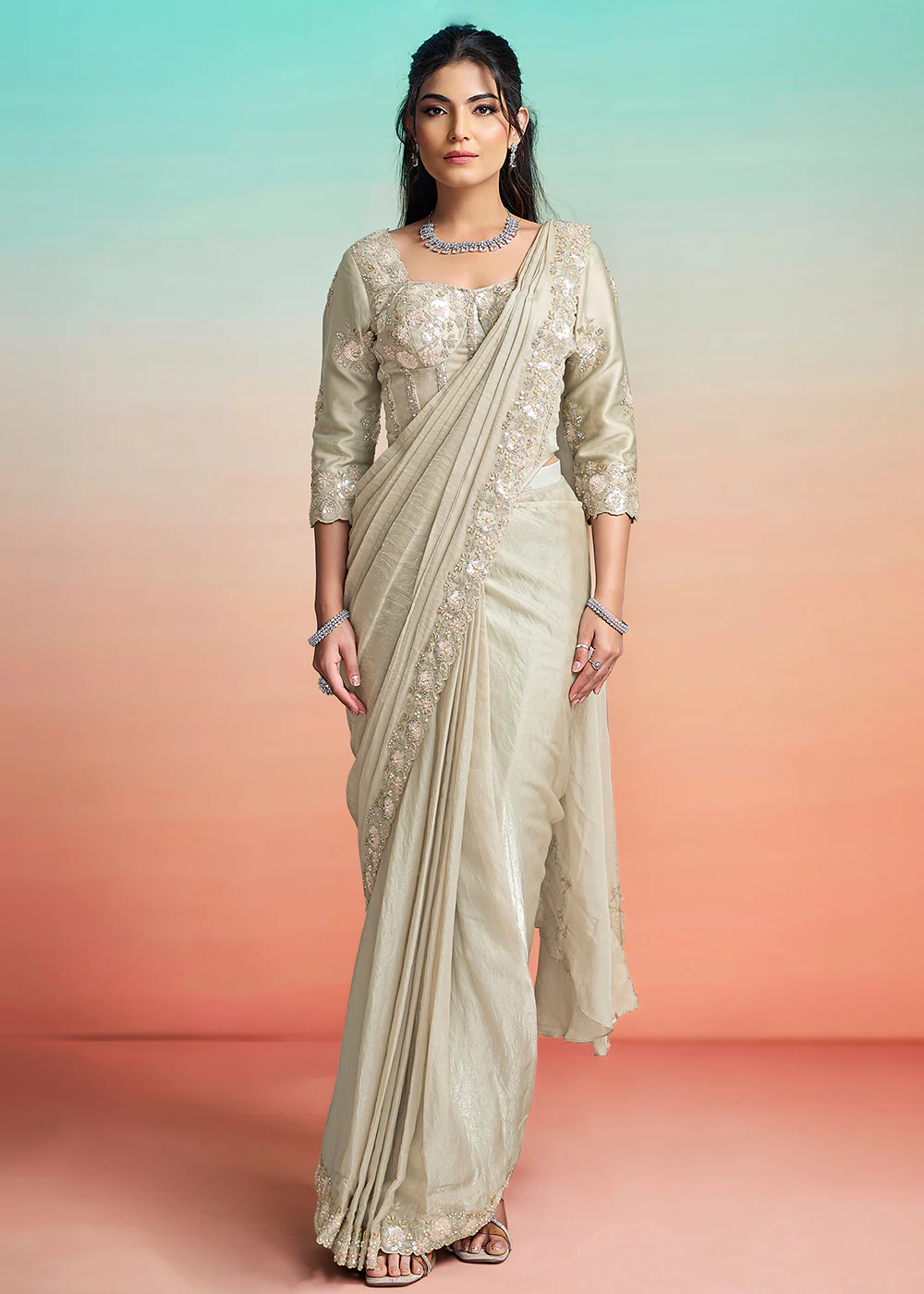 Pearl Grey Wedding Party Ready to Wear Saree - Image 3