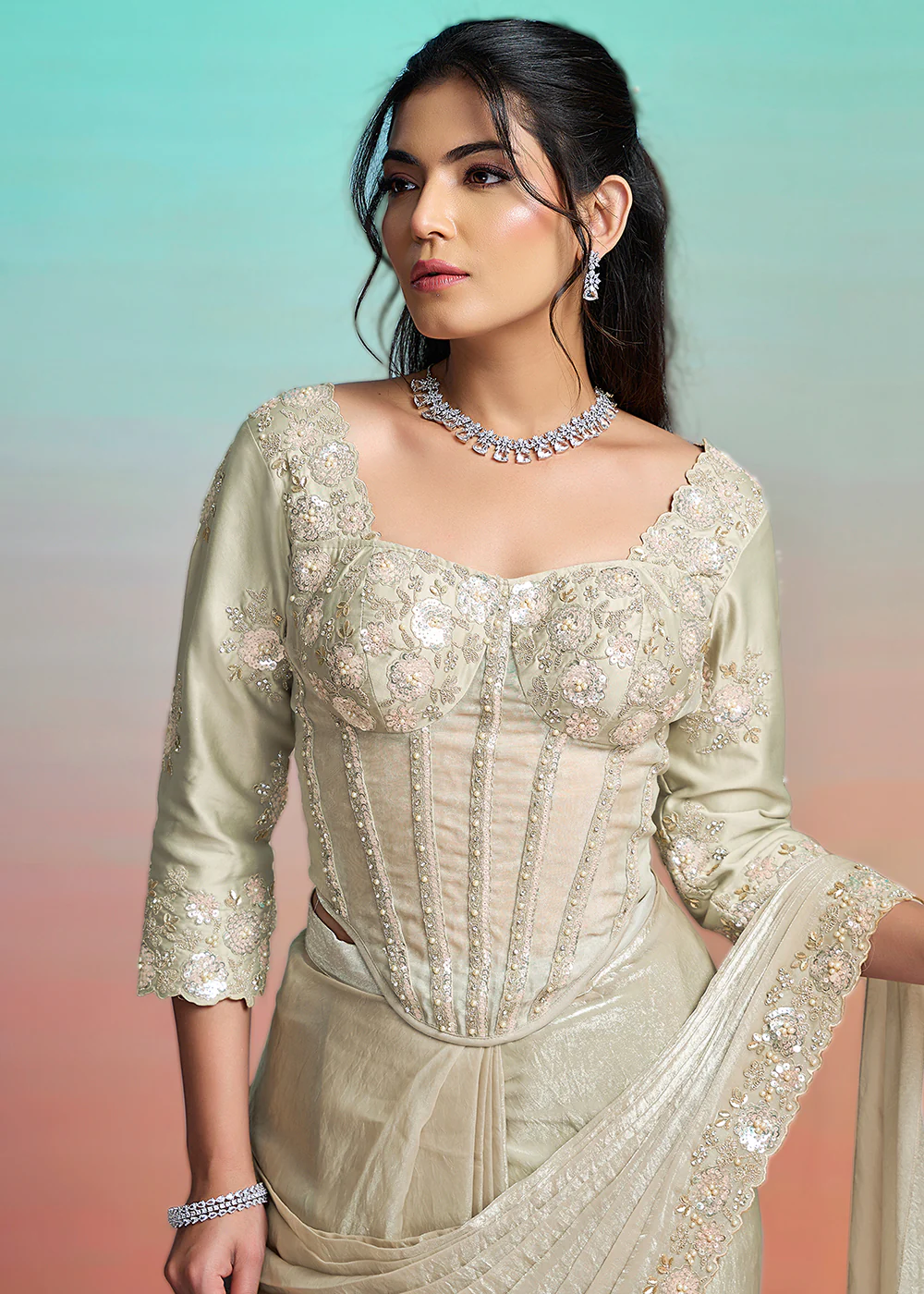 Pearl Grey Wedding Party Ready to Wear Saree - Image 4