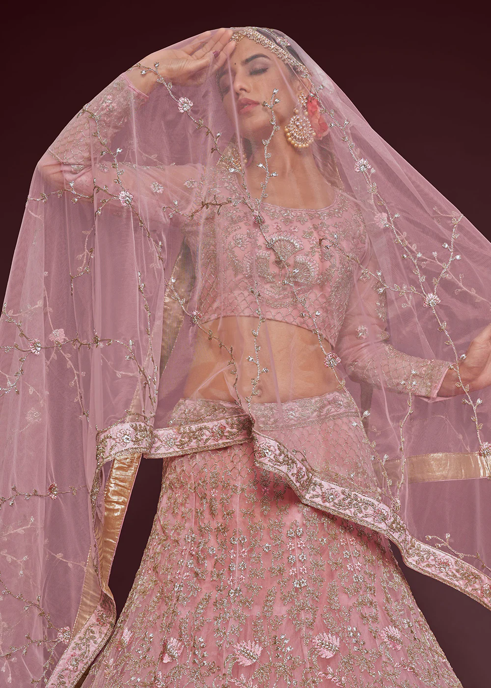 Pearl Pink Embroidered Soft Net Wedding Lehenga Choli - Image 2