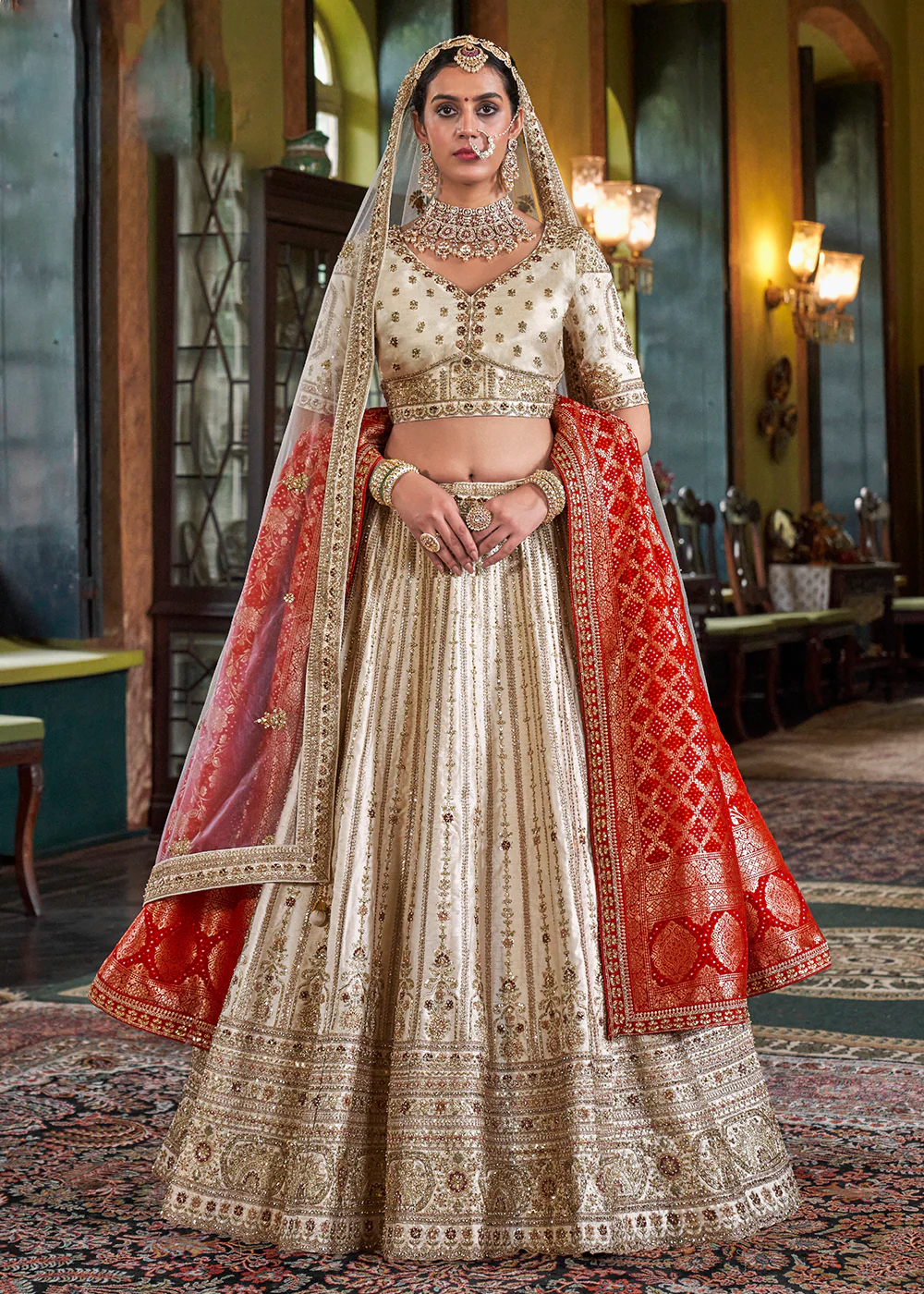 Pearl White Bridal Silk Sabyasachi Inspired Lehenga Choli