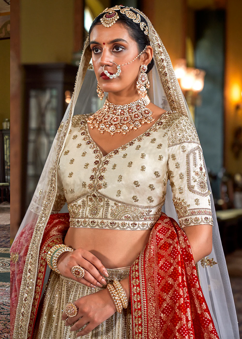Pearl White Bridal Silk Sabyasachi Inspired Lehenga Choli - Image 2