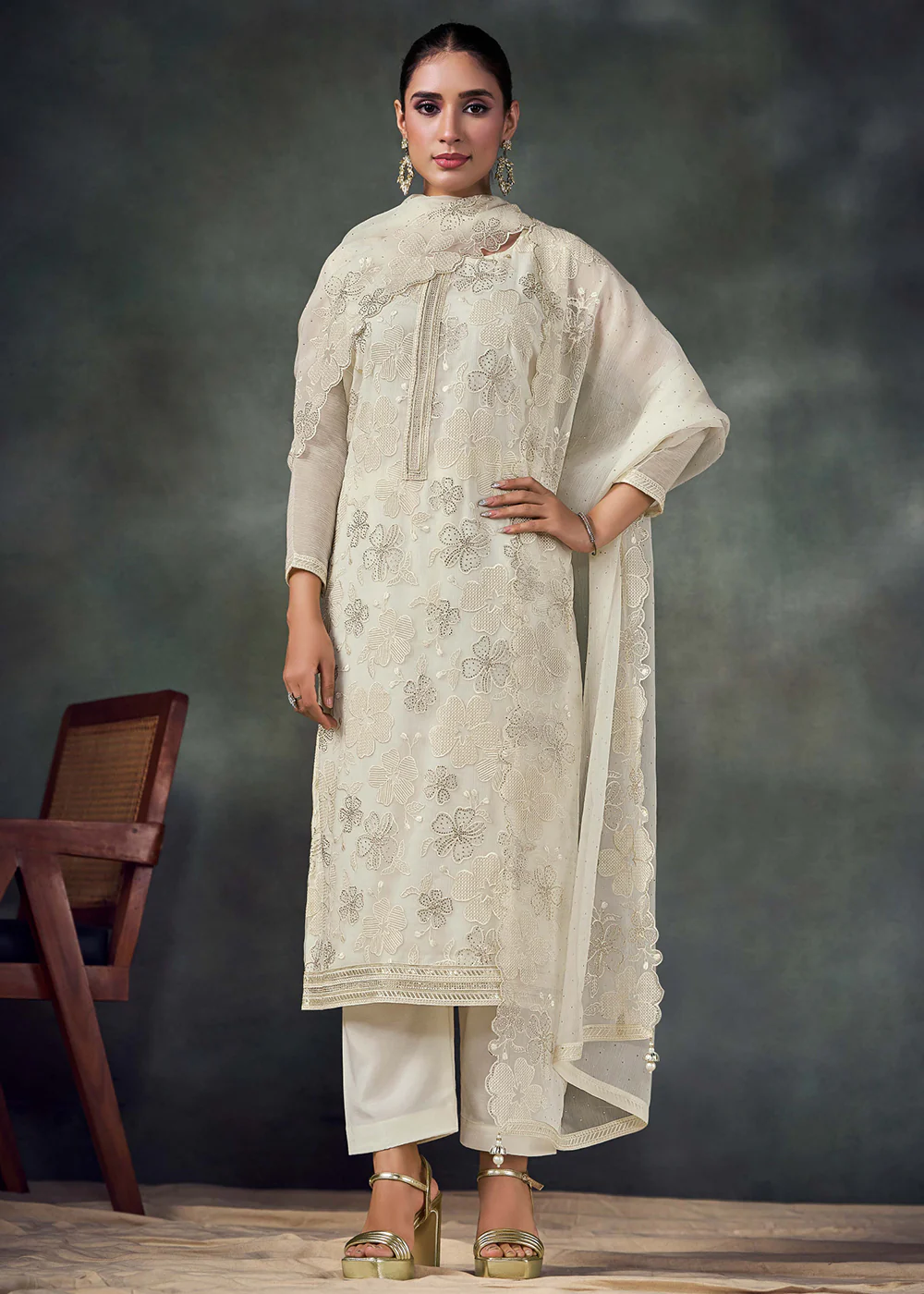 Pearl White Chiffon Embroidered Pakistani Style Suit