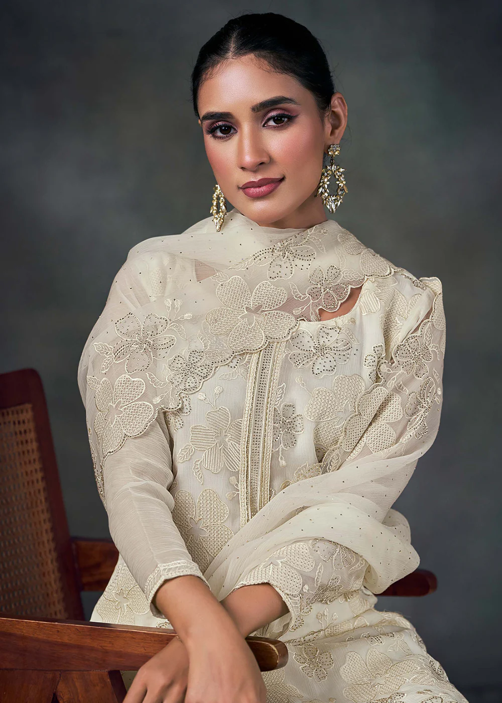 Pearl White Chiffon Embroidered Pakistani Style Suit - Image 2