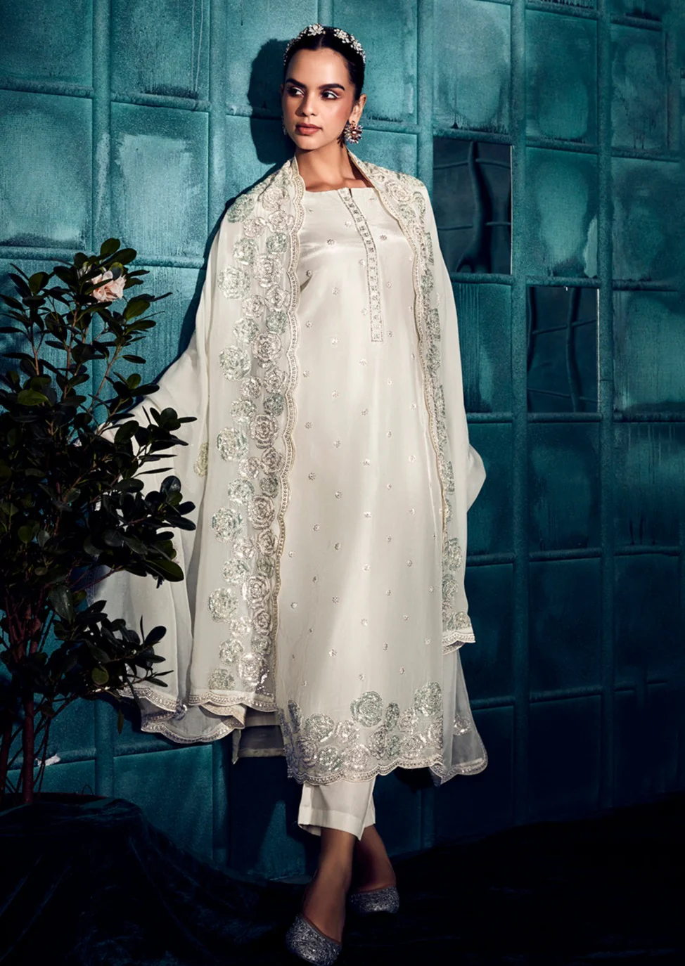 Pearl White Modale Silk Embroidered Festive Salwar Suit - Image 3