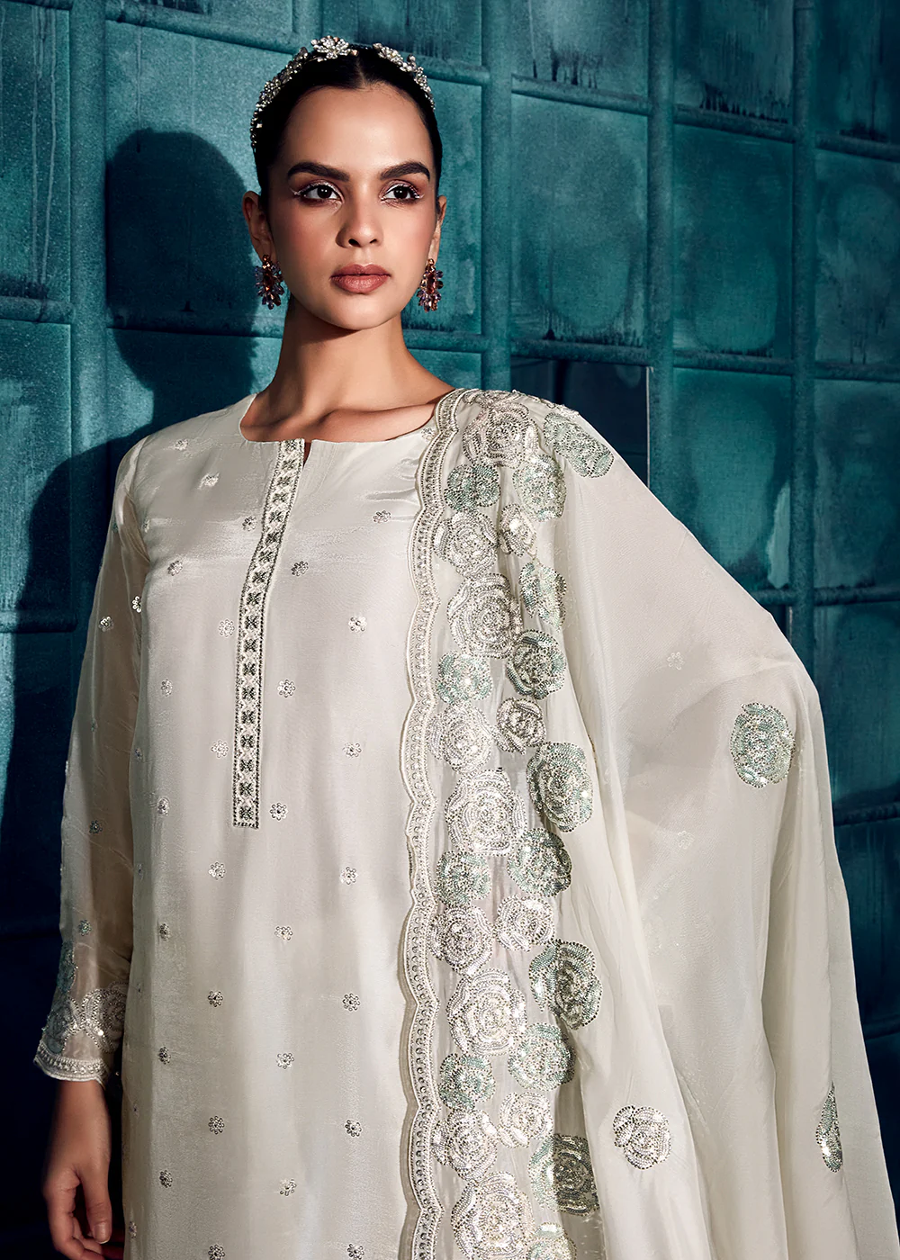 Pearl White Modale Silk Embroidered Festive Salwar Suit - Image 4