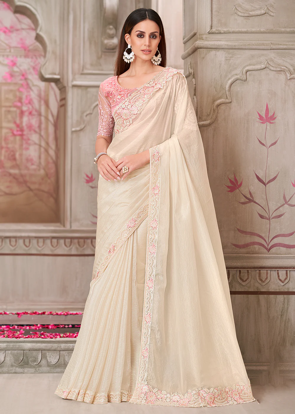 Pearl White Satin Silk Embroidered Wedding Wear Saree