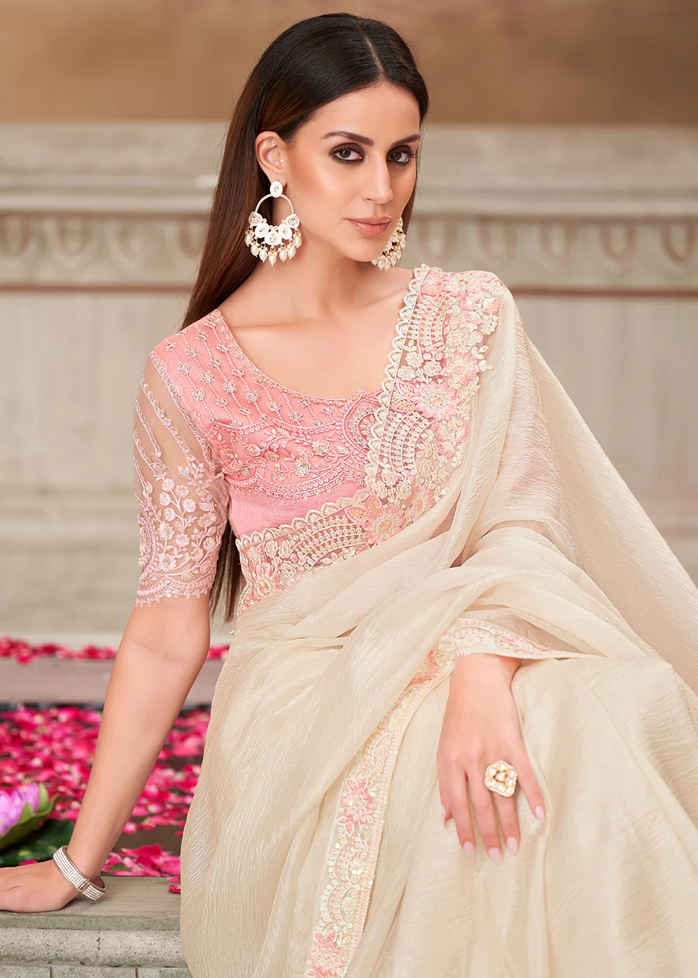 Pearl White Satin Silk Embroidered Wedding Wear Saree - Image 2