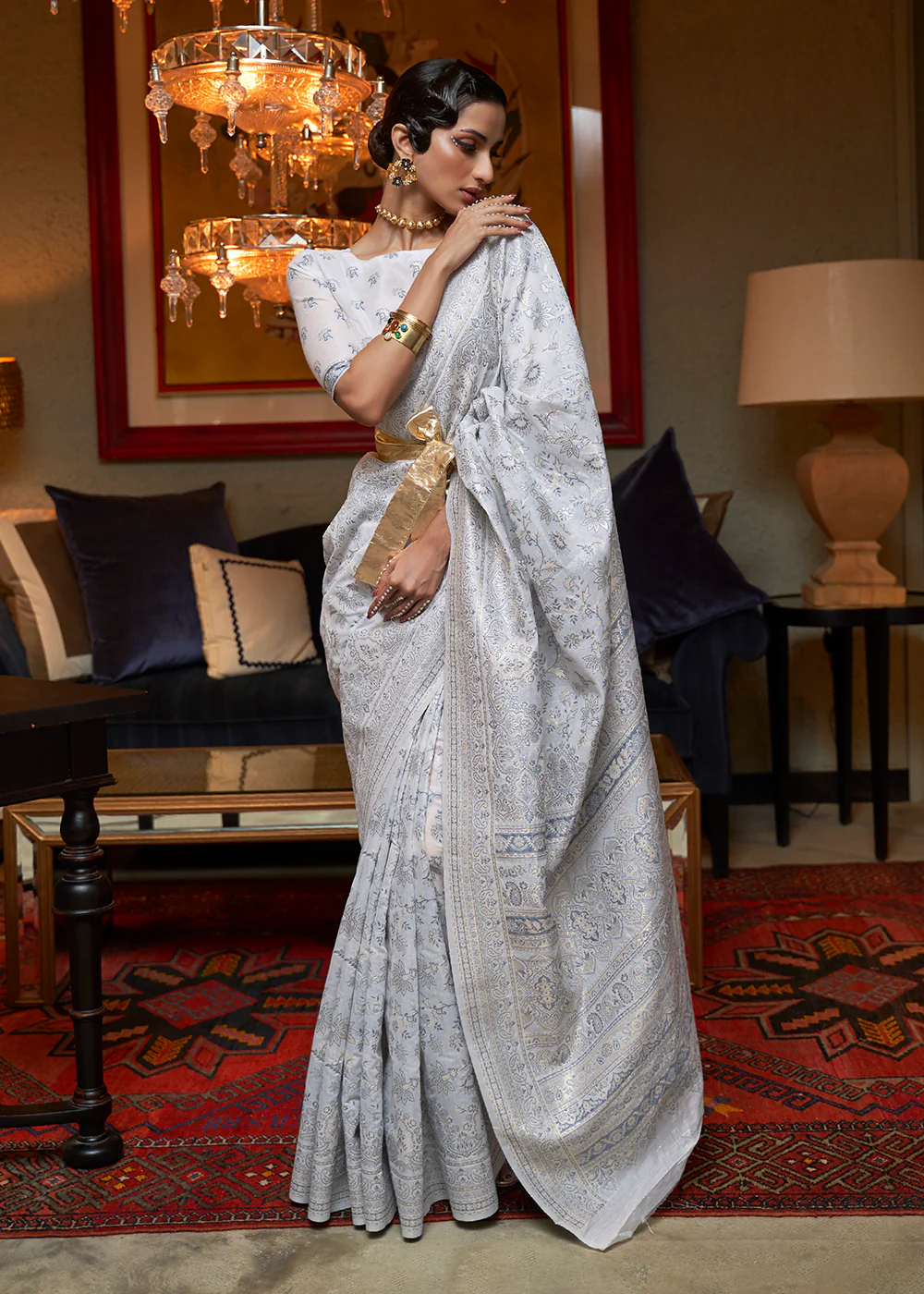 Pearl White Woven Kashmiri Cotton Silk Saree