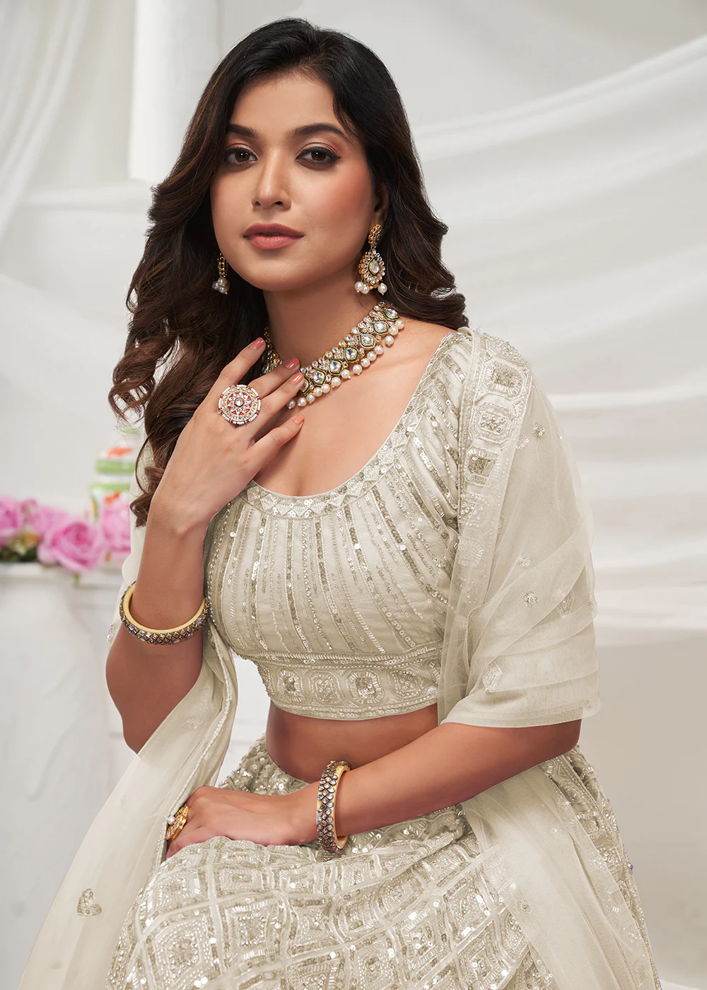 Pearled Ivory White Heavy Embroidered Bridal Lehenga Choli - Image 2