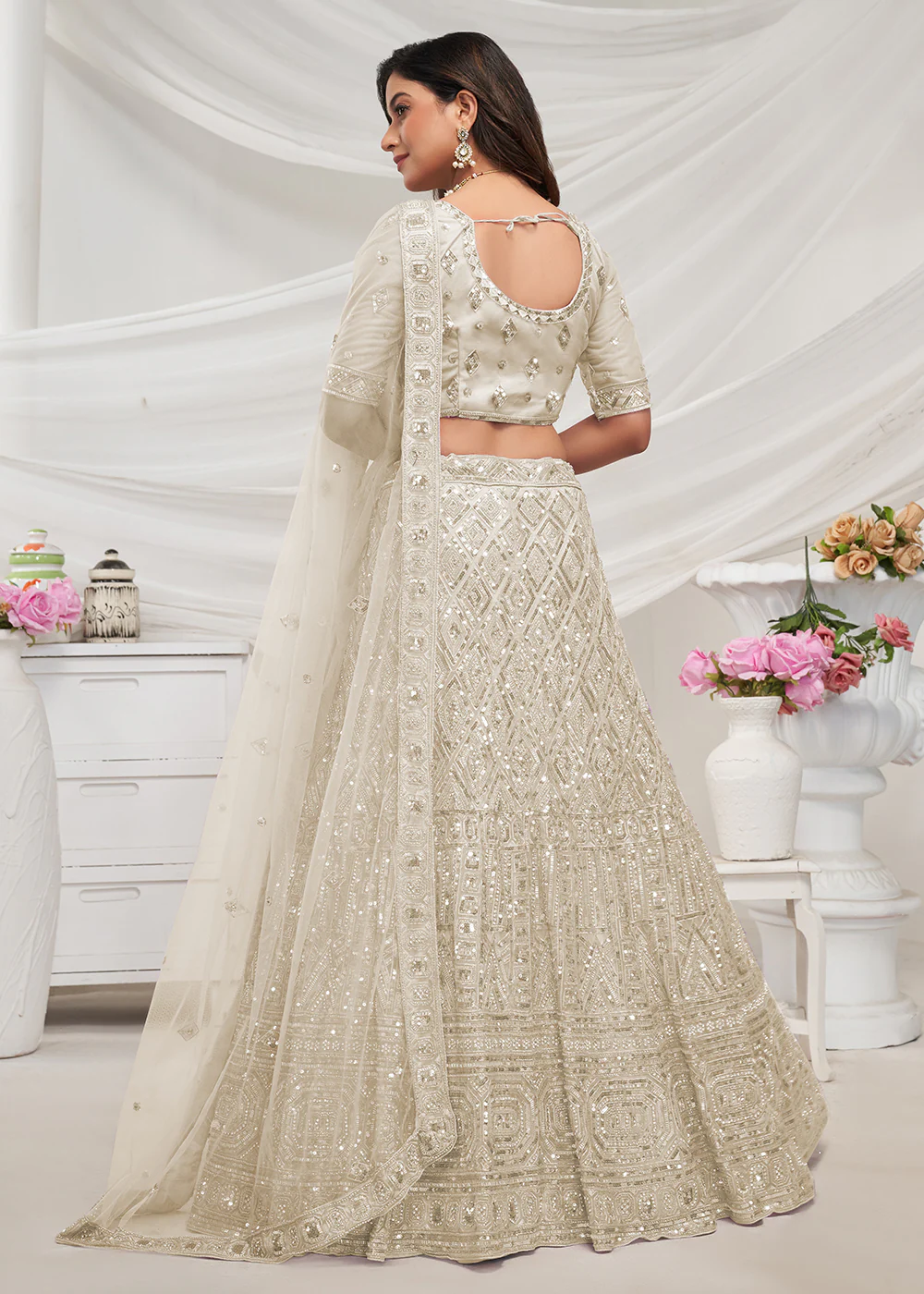 Pearled Ivory White Heavy Embroidered Bridal Lehenga Choli - Image 3