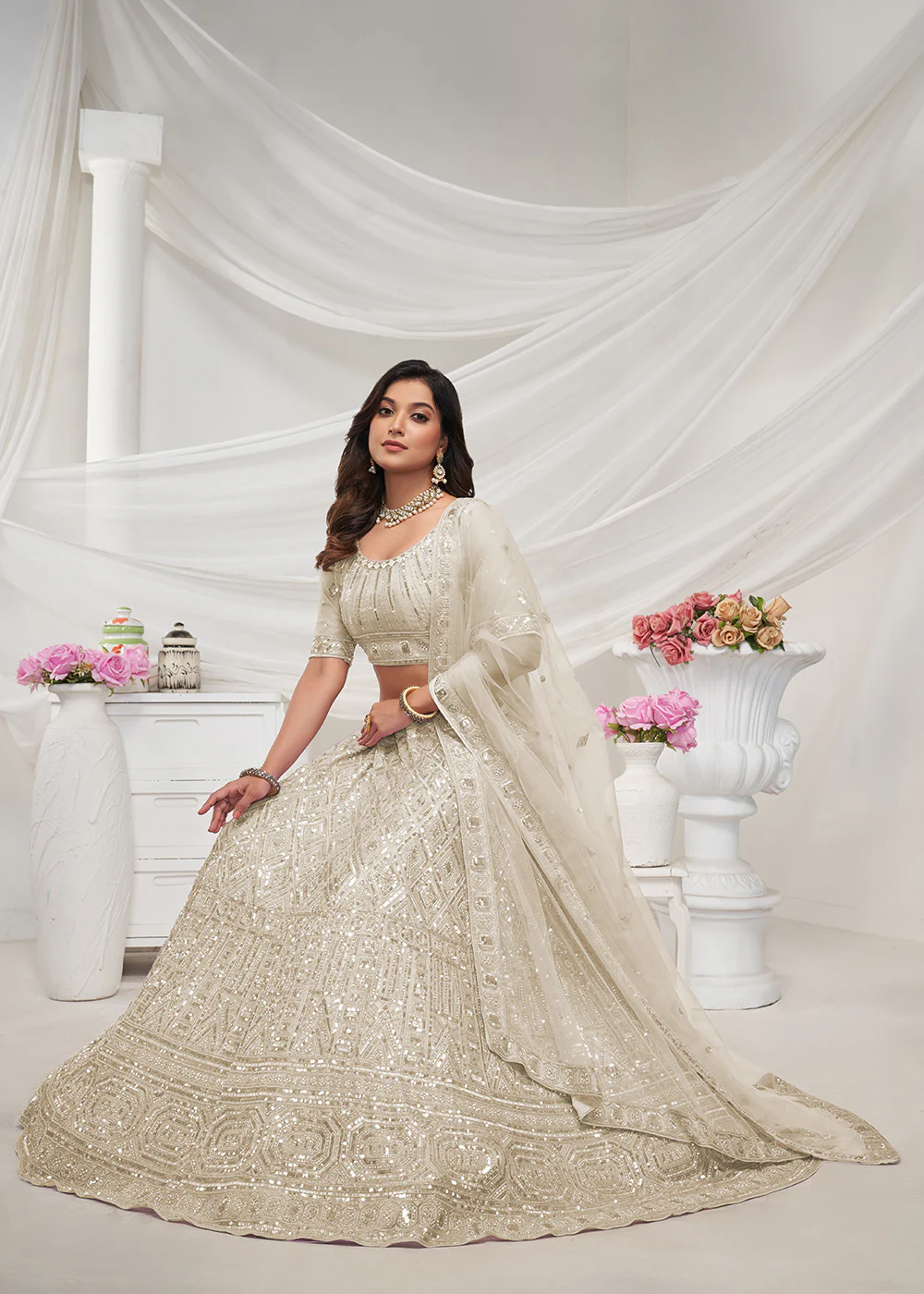 Pearled Ivory White Heavy Embroidered Bridal Lehenga Choli - Image 4