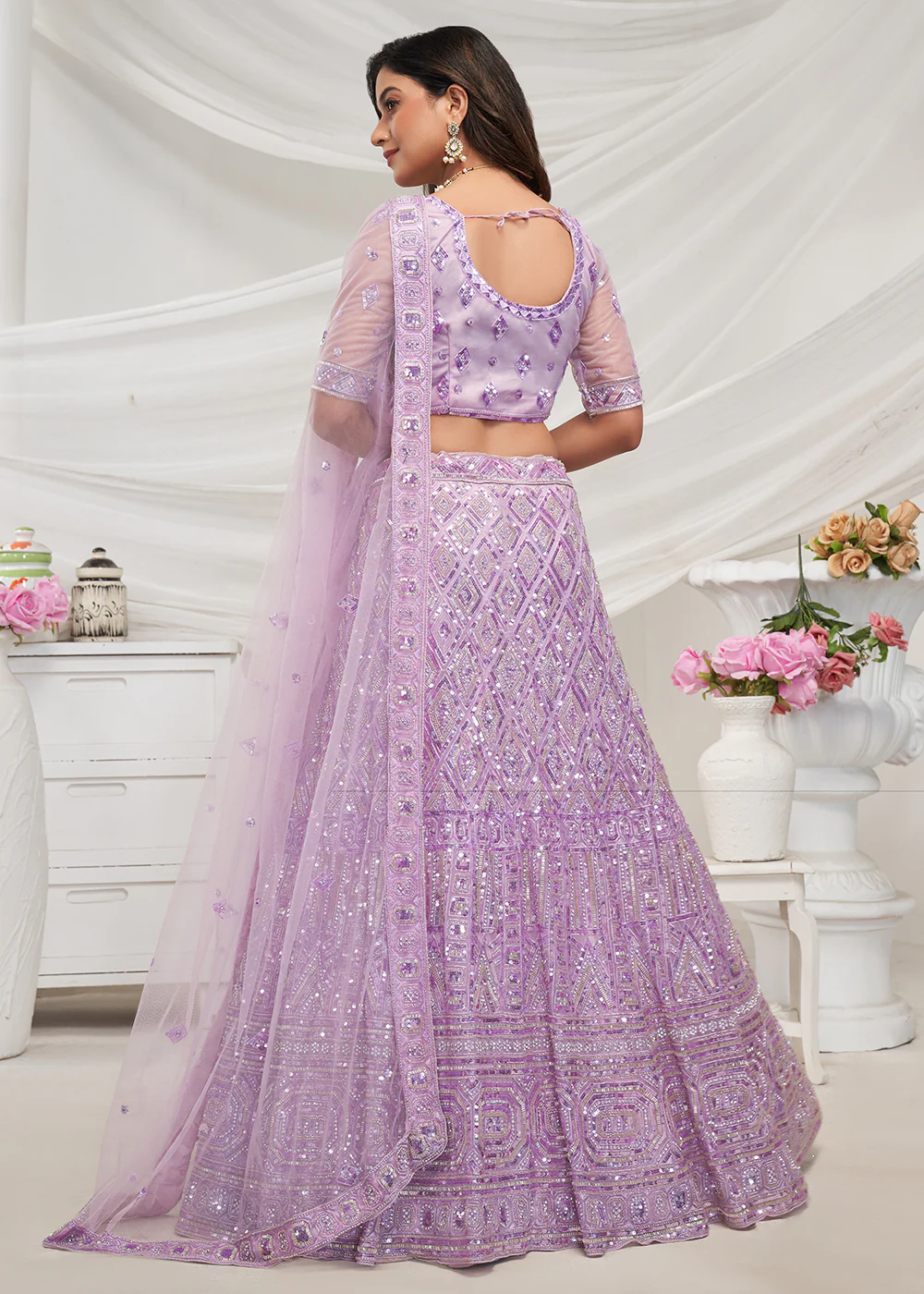 Pearled Mauve Heavy Embroidered Bridal Lehenga Choli - Image 3