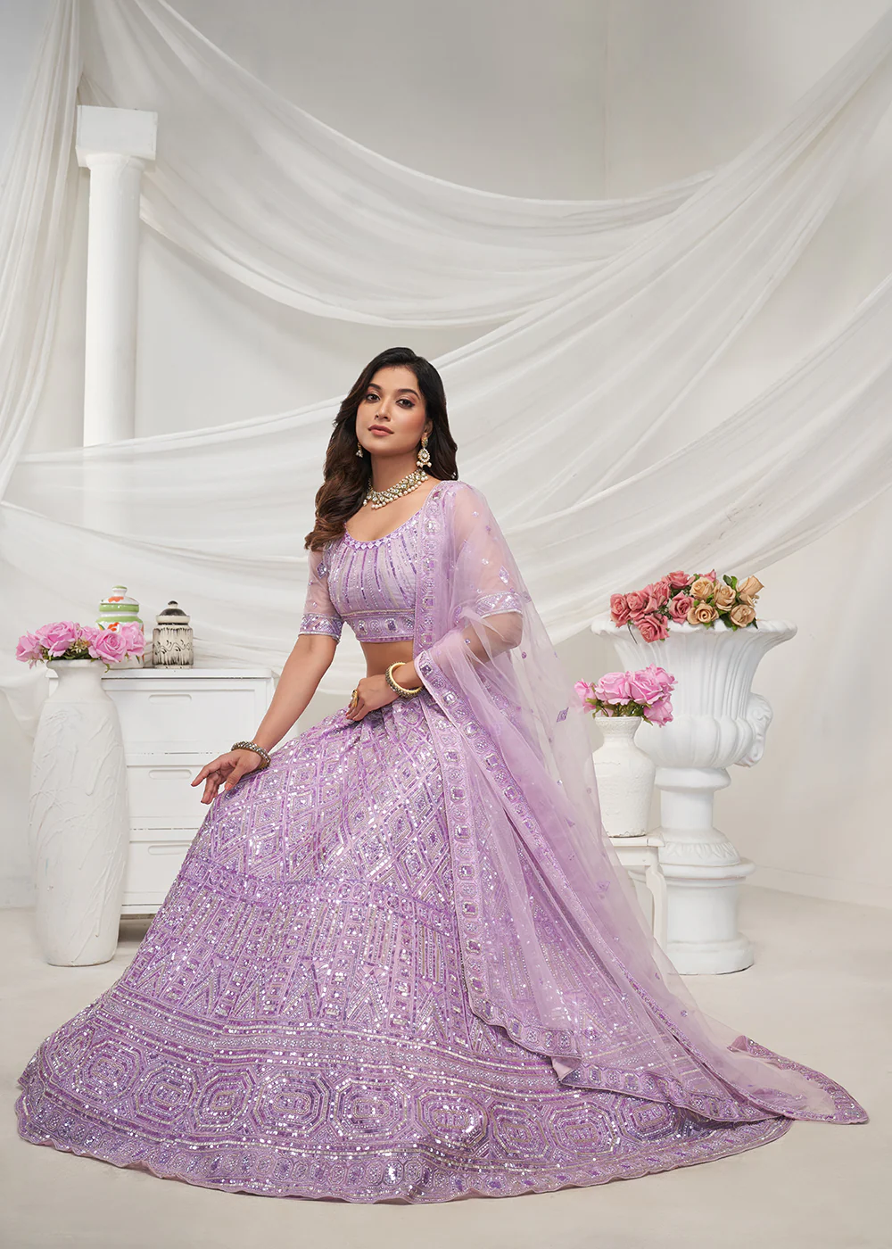 Pearled Mauve Heavy Embroidered Bridal Lehenga Choli - Image 4