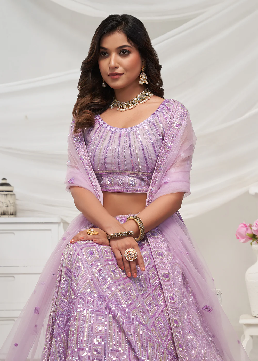 Pearled Mauve Heavy Embroidered Bridal Lehenga Choli - Image 5