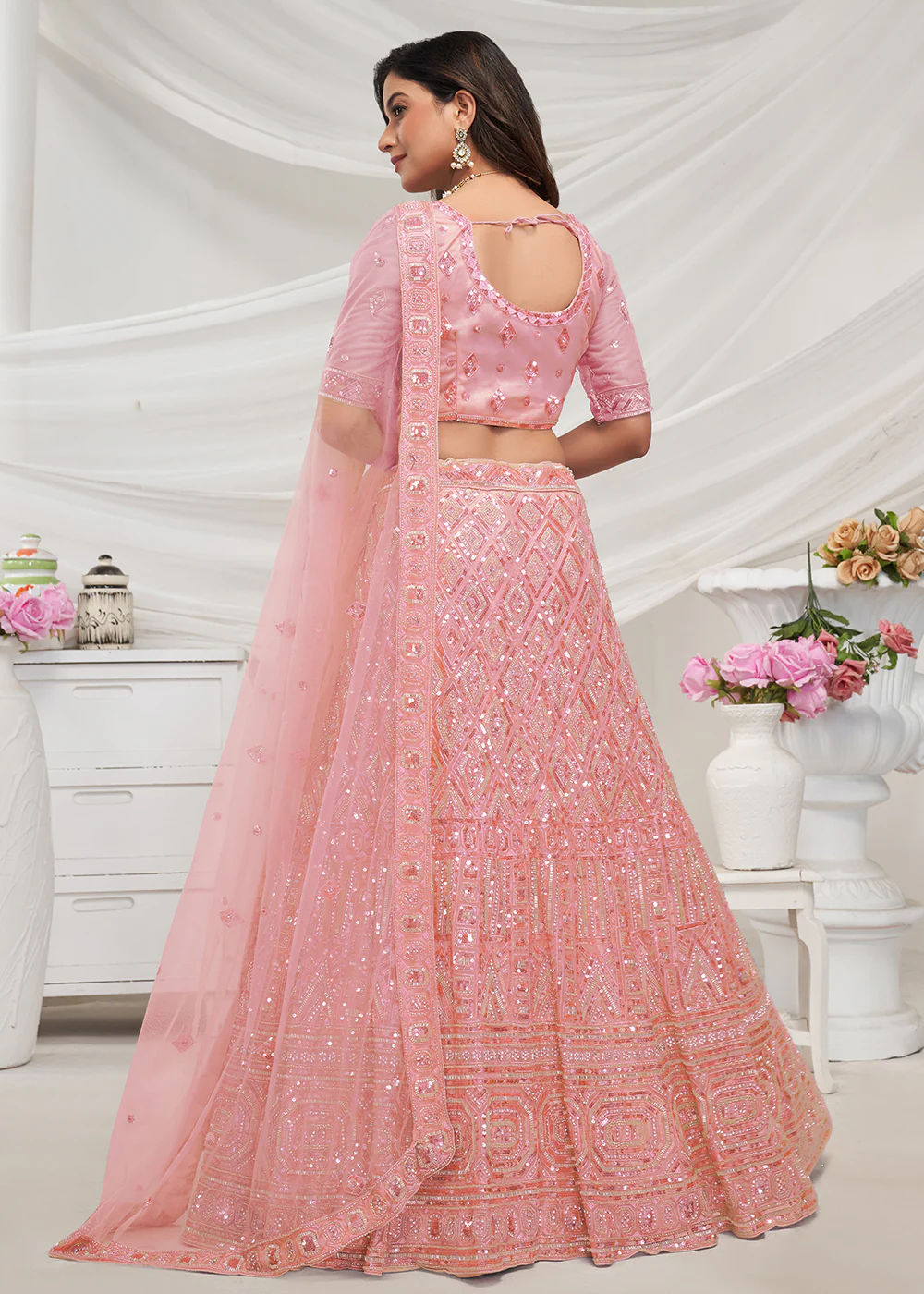 Pearled Peach Heavy Embroidered Bridal Lehenga Choli - Image 3