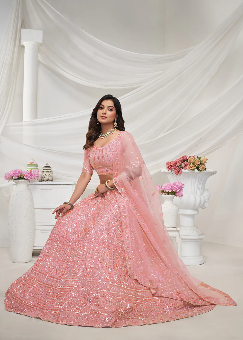 Pearled Peach Heavy Embroidered Bridal Lehenga Choli - Image 4