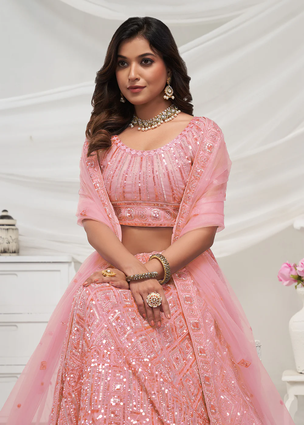 Pearled Peach Heavy Embroidered Bridal Lehenga Choli - Image 5
