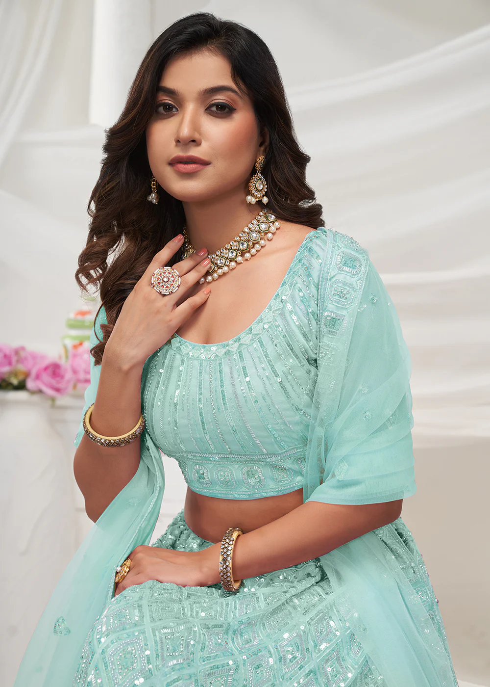 Pearled Sky Blue Heavy Embroidered Bridal Lehenga Choli - Image 2