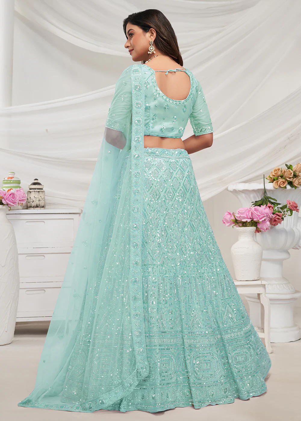Pearled Sky Blue Heavy Embroidered Bridal Lehenga Choli - Image 3