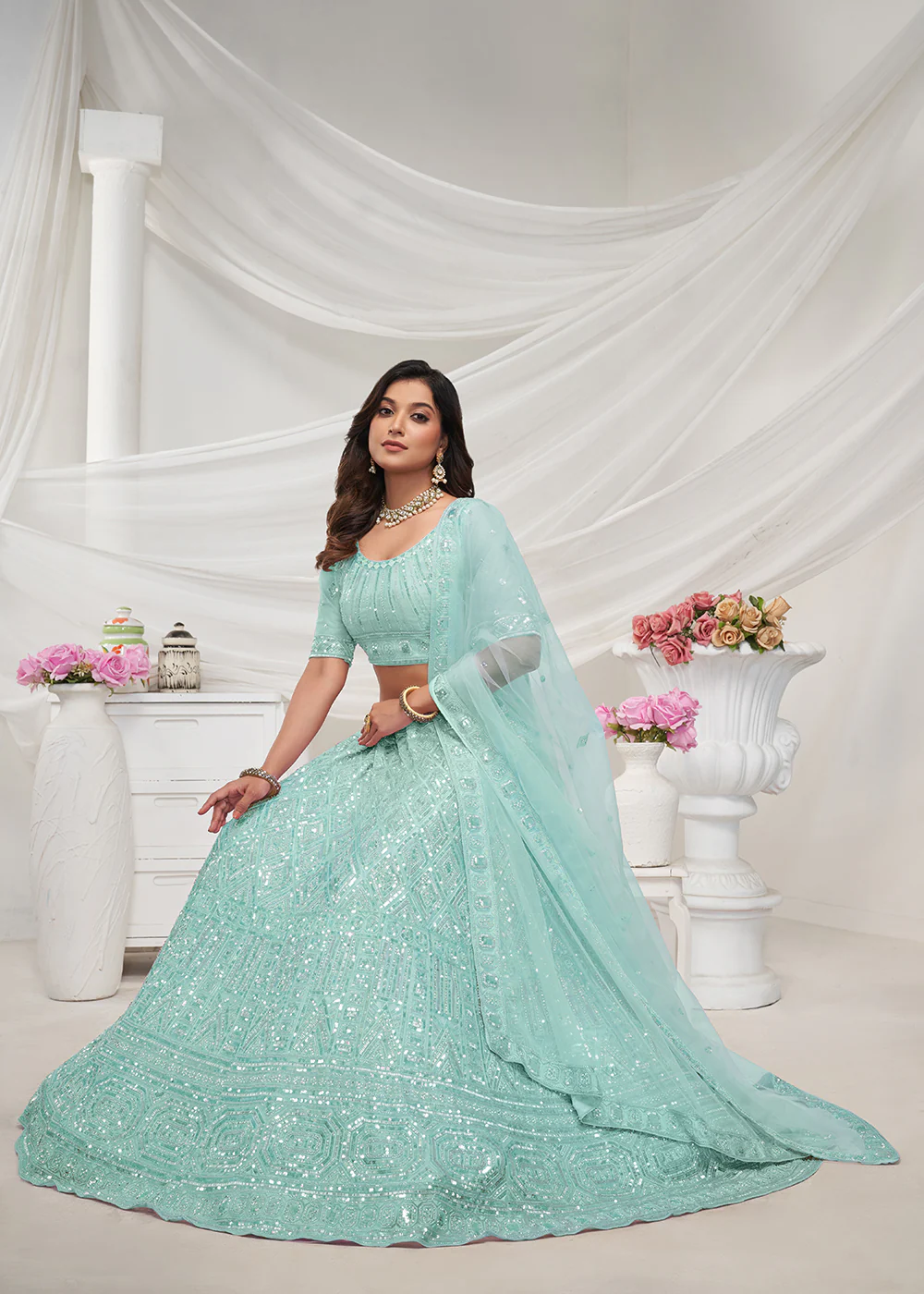 Pearled Sky Blue Heavy Embroidered Bridal Lehenga Choli - Image 4