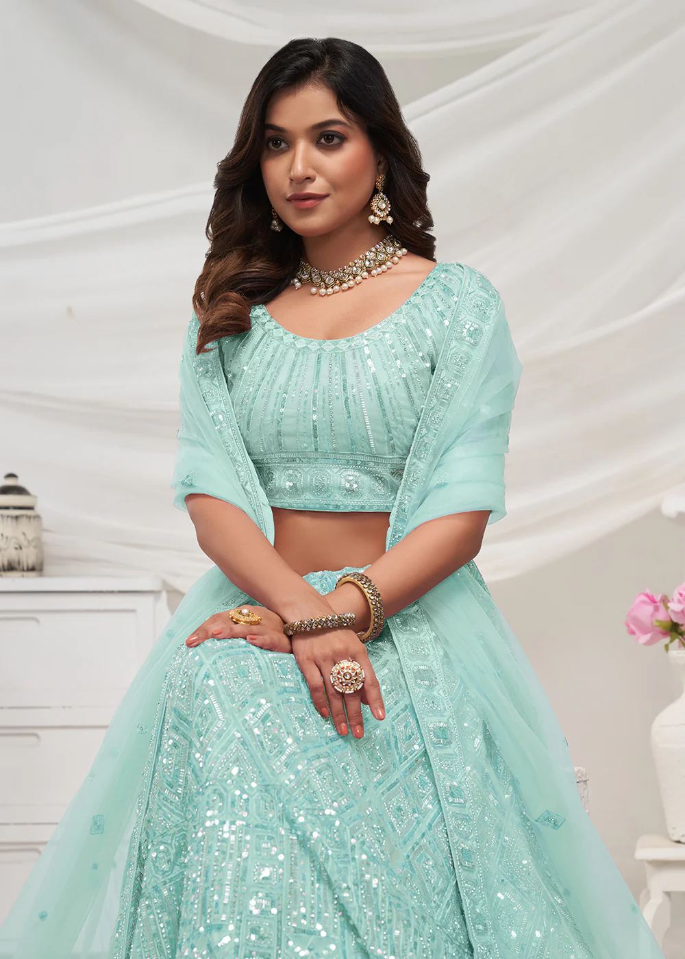 Pearled Sky Blue Heavy Embroidered Bridal Lehenga Choli - Image 5