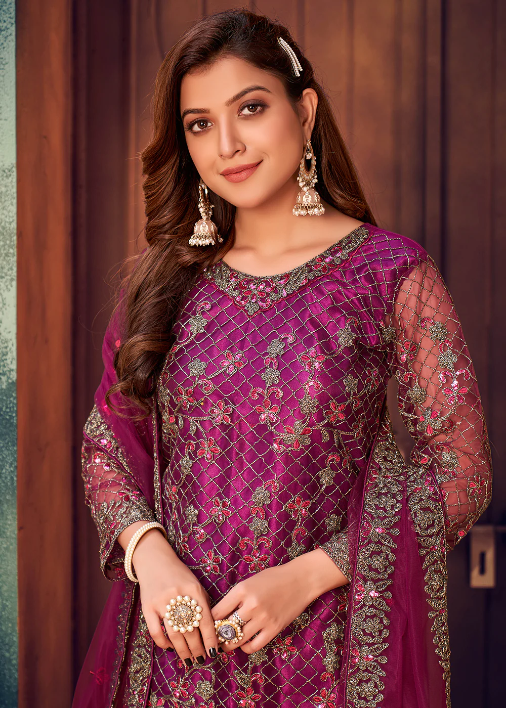 Pearlescent Purple Layered Festive Pant Style Salwar Suit - Image 2