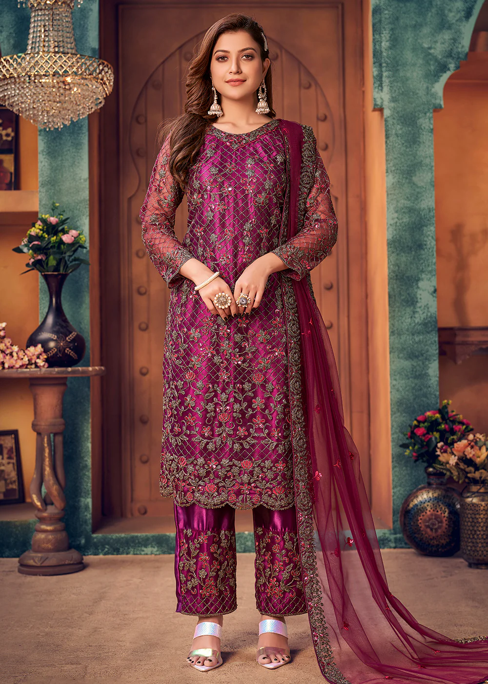 Pearlescent Purple Layered Festive Pant Style Salwar Suit - Image 3