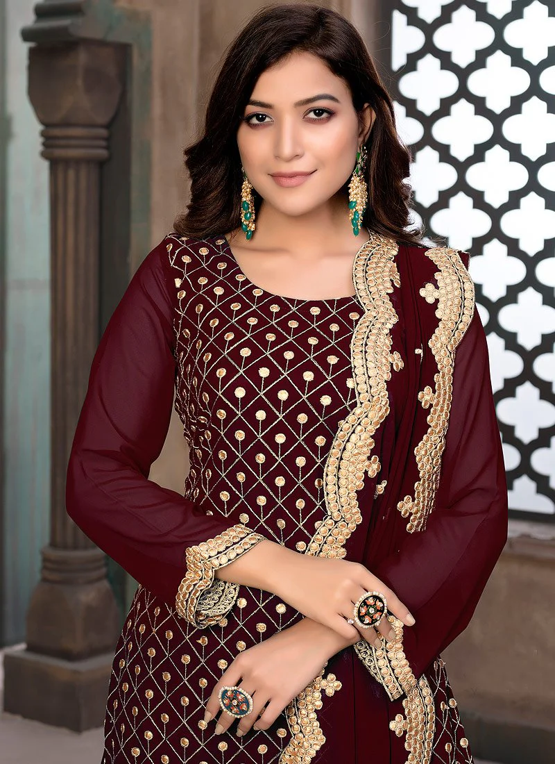 Peerless Maroon Gota Patti Embroidered Sharara Suit - Image 2
